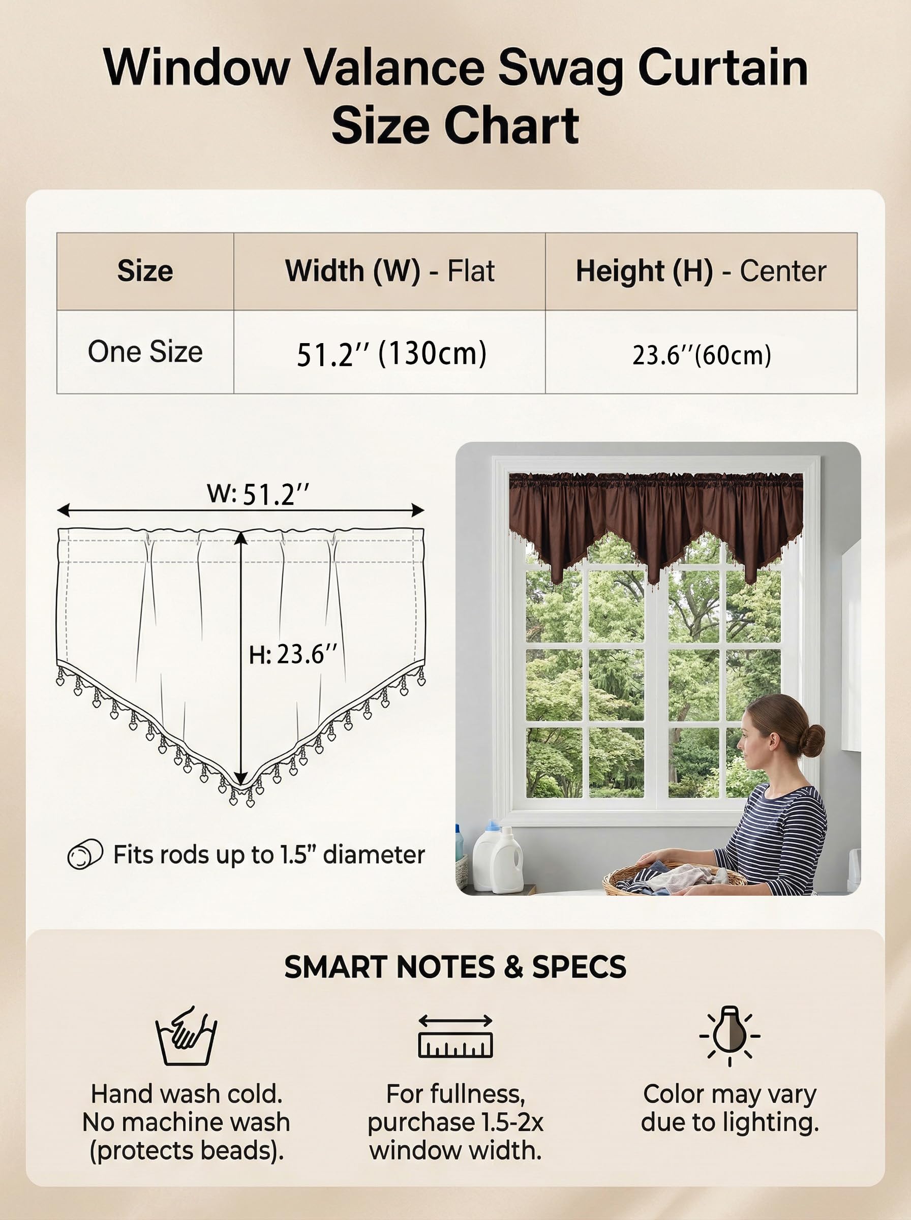 Molaxhome Swag Curtain Scalloped Curtain Valance Drape Sheer Lace Panel 1pc, Cloth Coffee, W 51.2" x L 23.6" (1 Panels) - Image 2