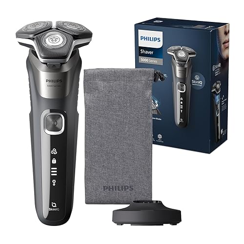 Immagine del prodotto Rasoio elettrico Philips S5000 - Rasoio elettrico Wet & Dry in grigio carbonio con 1 rifinitore a scomparsa, astuccio morbido, cappuccio di protezione e supporto di ricarica (modello S5887/13)