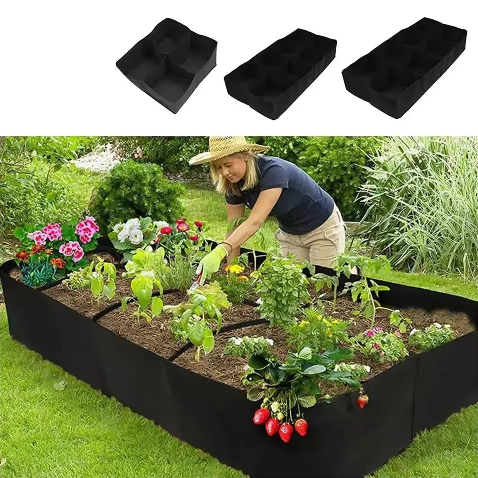 4 Uds. Bolsa for plantar en jardín, bolsa de cultivo fieltro multigira, maceta rectangular for vivero, contenedor for vegetales, tomates y patatas para Flores, Verduras, Frutas(120x60x30cm 6Grids)