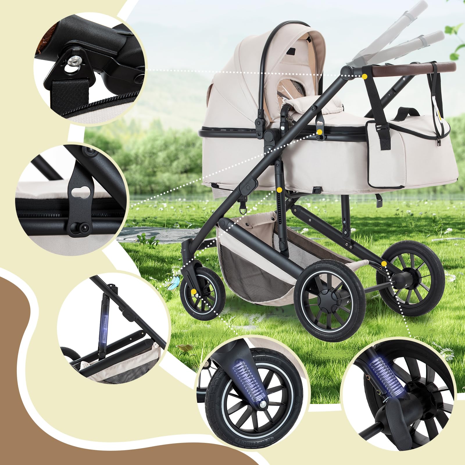 Cochecito Bebe 3 Piezas,Verde-Conjunto de Silla de Paseo&Silla de Coche,Silla de Paseo Reversible con asa Ajustable,Cesto Para Dormir&Capazo con Cubrepiés,Cubrepiés elevado,0-4,22KG
