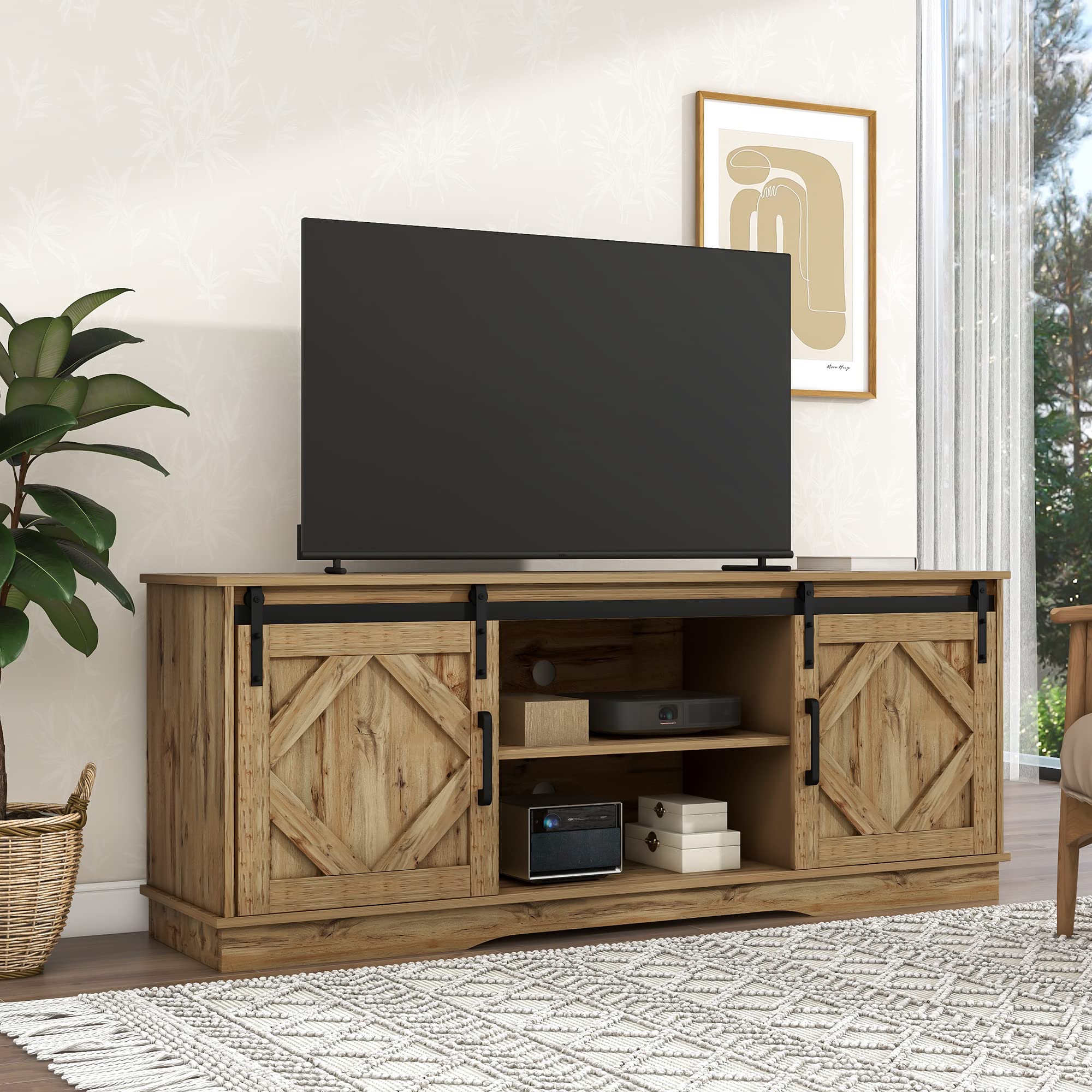Grande mobile per TV, 150 x 40 x 60 cm, con 2 classiche ante scorrevoli, scaffali regolabili per soggiorno, sala da pranzo, casa di campagna, design moderno (marrone)