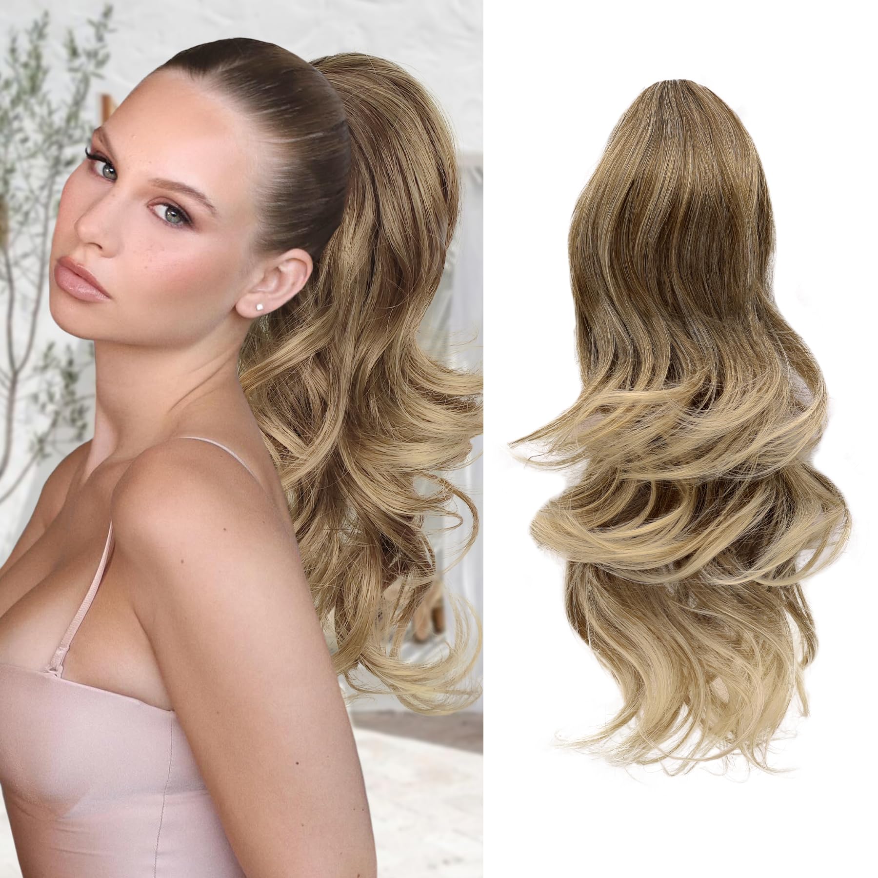 Ponytail Extension,Ombre Brown Mix Blonde 18 Inch Claw Clip Ponytail Extension, Soft Wavy Curly Clip on Ponytails for Women Heat Resistant Synthetic