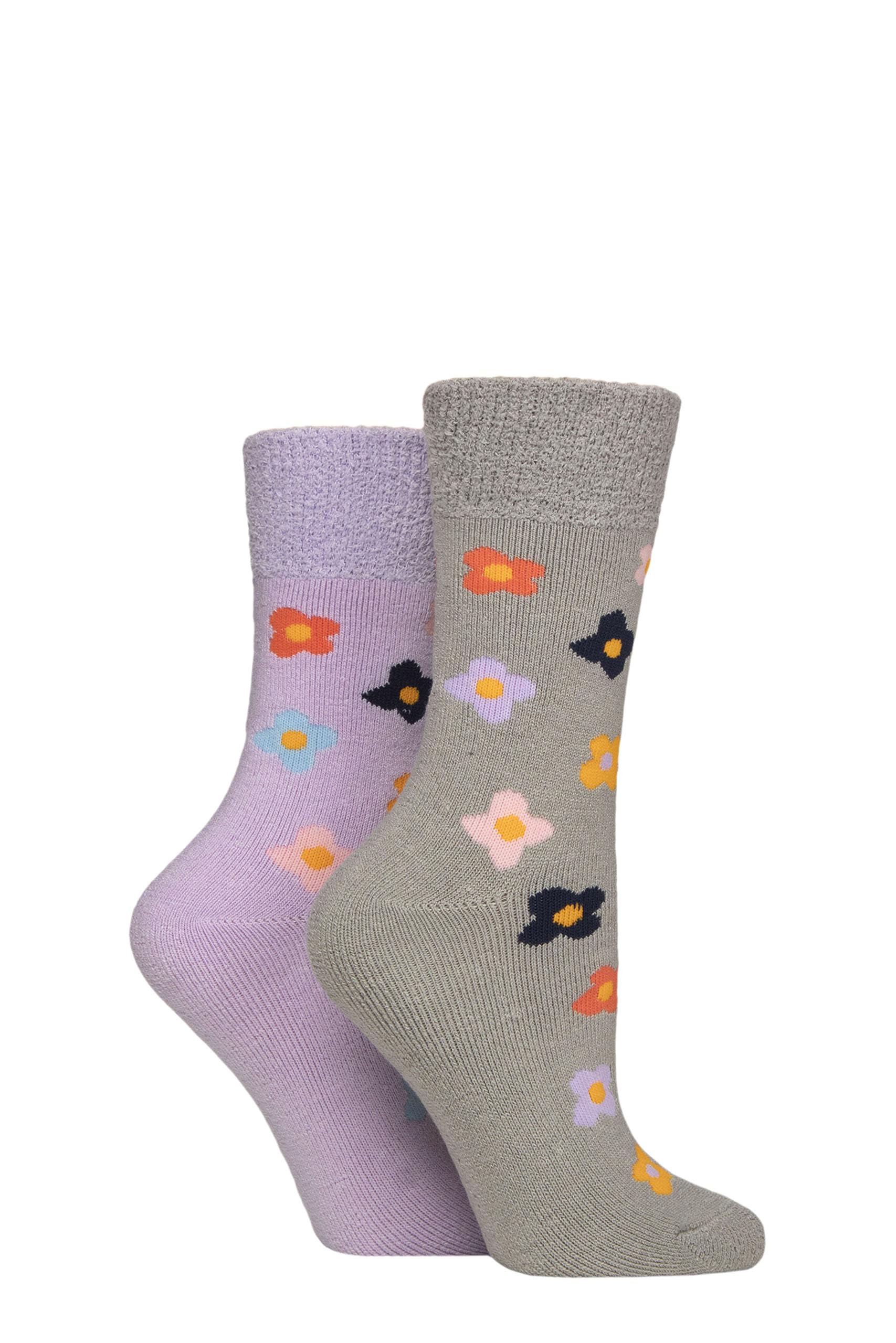 SockShop Wildfeet Women's Thermal Socks - Crew Length, Plain, Patterned, Striped, Warm, Cosy, Outdoor, 2 Pair Multipack Size 4-8 Grey/Purple Floral