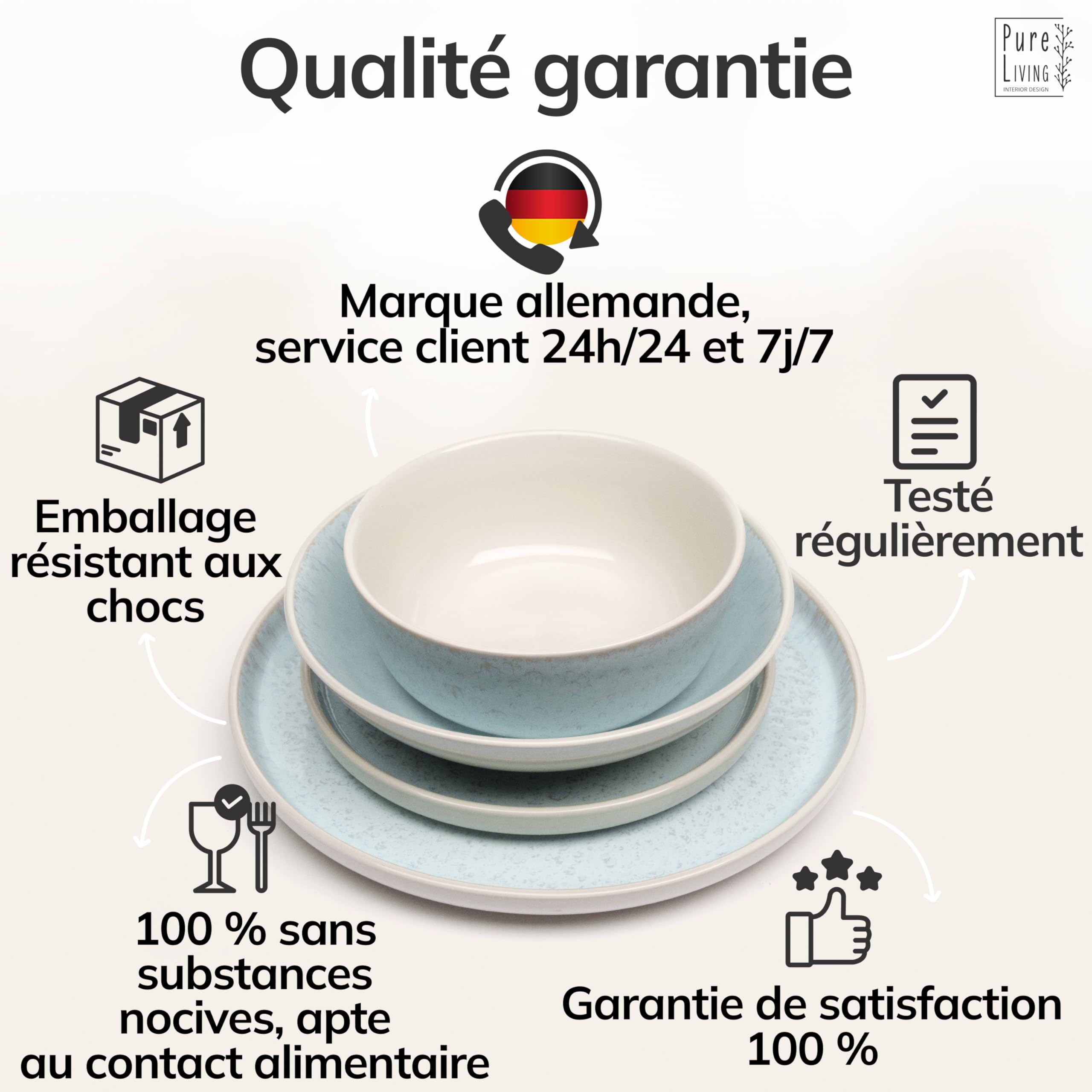 Service de Table Ibiza 24 Pièces: Vaisselle en Grès pour 6 Personnes, Adapté au Lave-Vaisselle et au Micro-Ondes, Pure Living Beige-Bleu