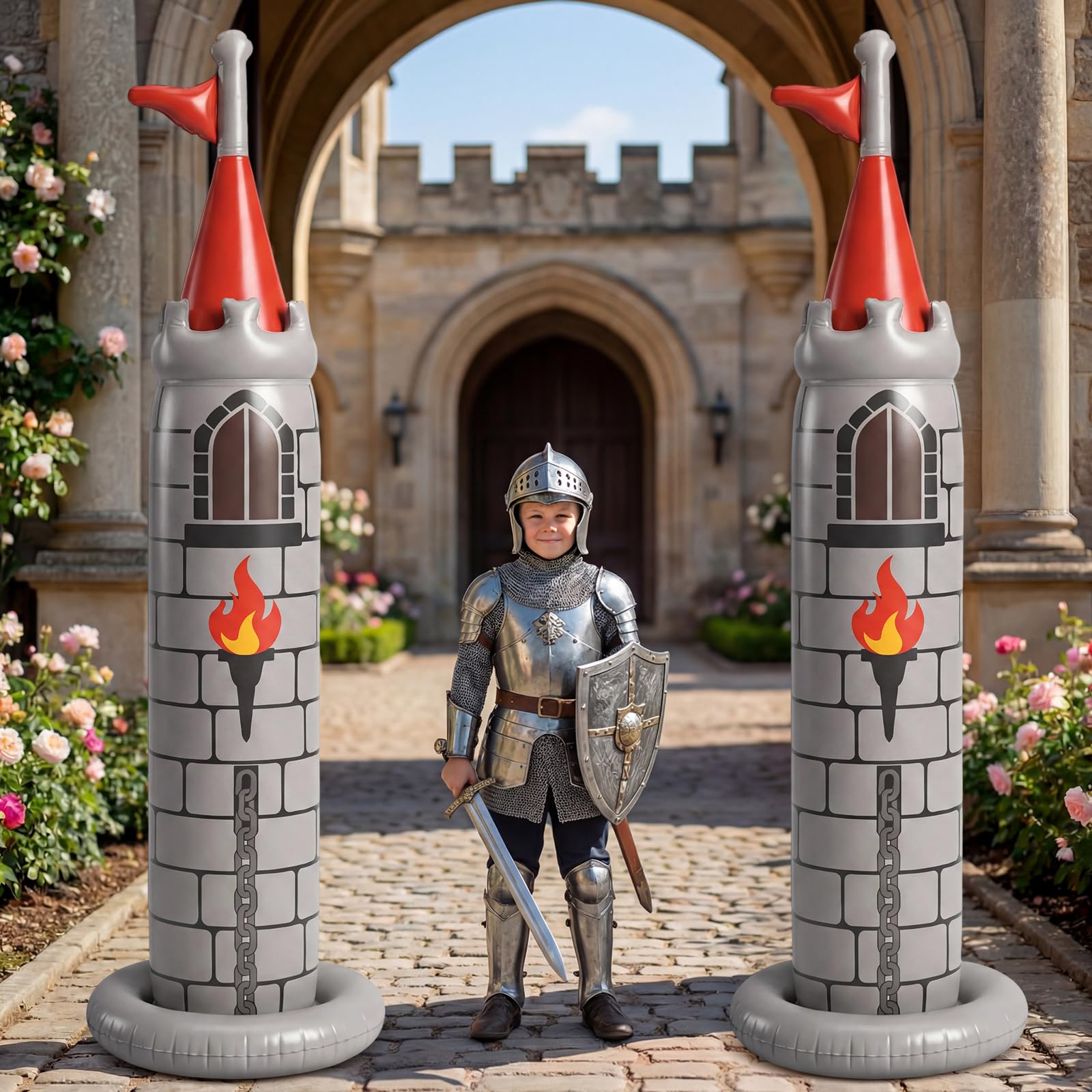Skylety Lot de 2 décorations de fête d'anniversaire de 2 m, château gonflable pour jardin, intérieur et extérieur (gris, médiéval)