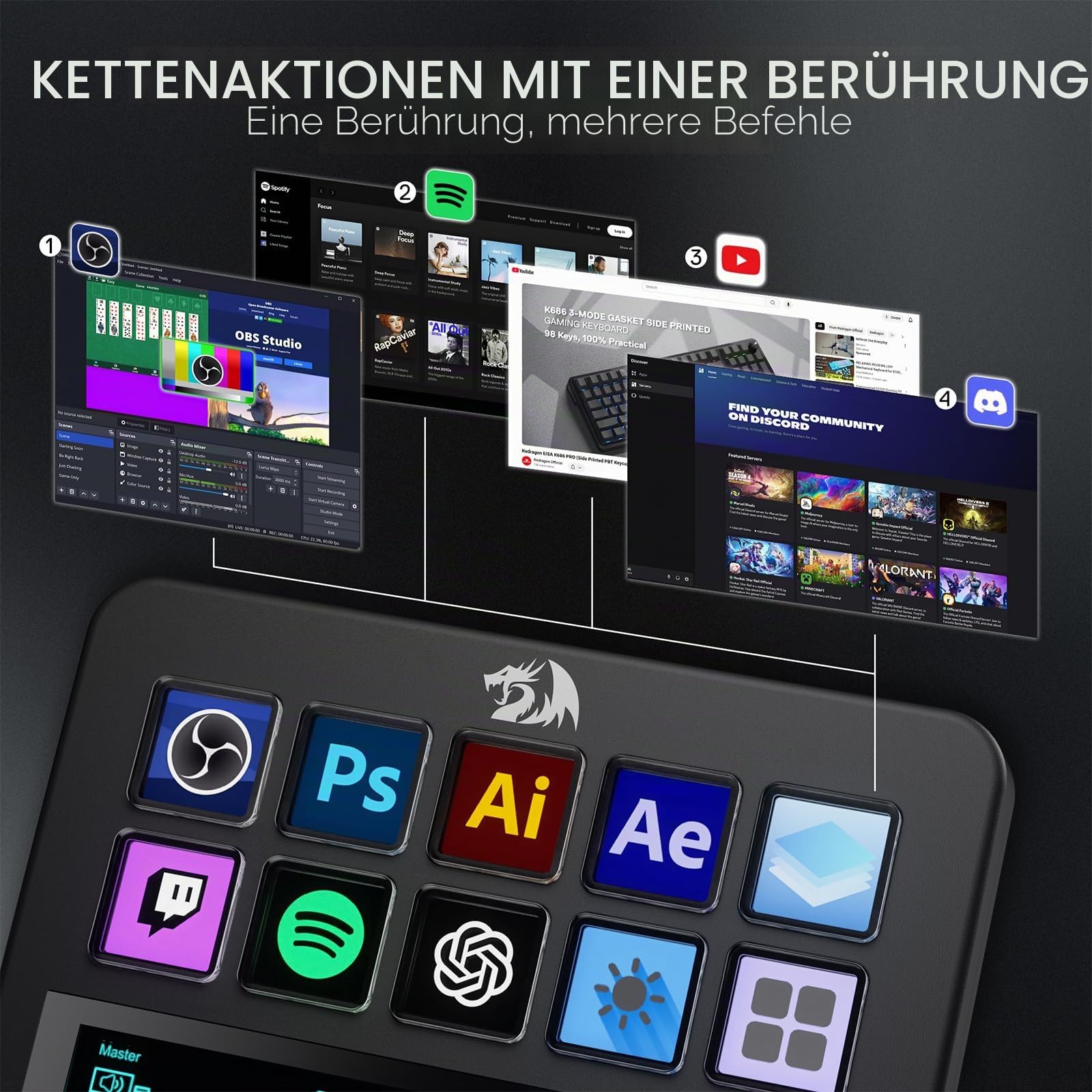 Redragon SS552 Stream Controller Makro Pad Touch Streifen LCD Tasten | Drehregler Stream Station Content Creator Streaming Gaming Kompatibel PC Mac Anpassbar