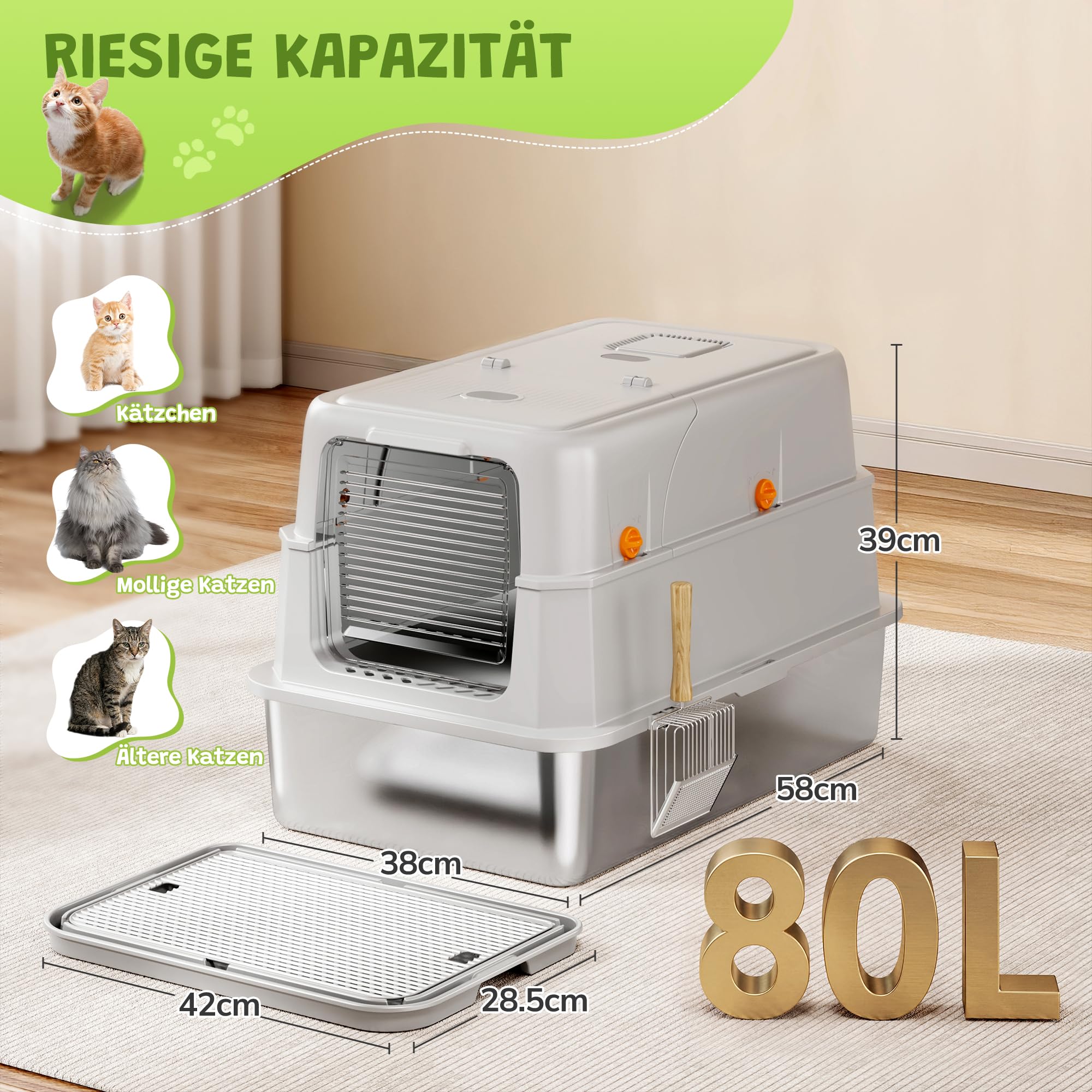 Katzenklo Edelstahl mit 180° Deckel, Doppelmatte, Metall Schaufel | XXL Katzenklo mit Aktivkohlefilter, Hoher Rand, Auslaufsicher Katzenklo, Leicht zu Reinigen, Geruchsfrei, für alle Katzen