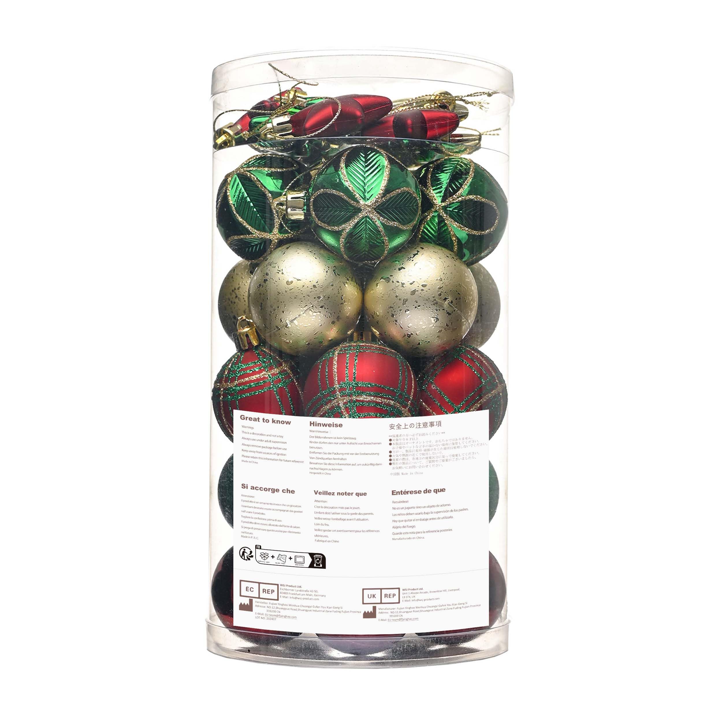 Valery Madelyn 35pcs 5cm Boules de Noël Incassables, Ornements de Boule de Noël Rouge Vert et Or pour Décorations d'arbre de Noël, Décorations de Noel en Plastique avec Cordon pour Sapin