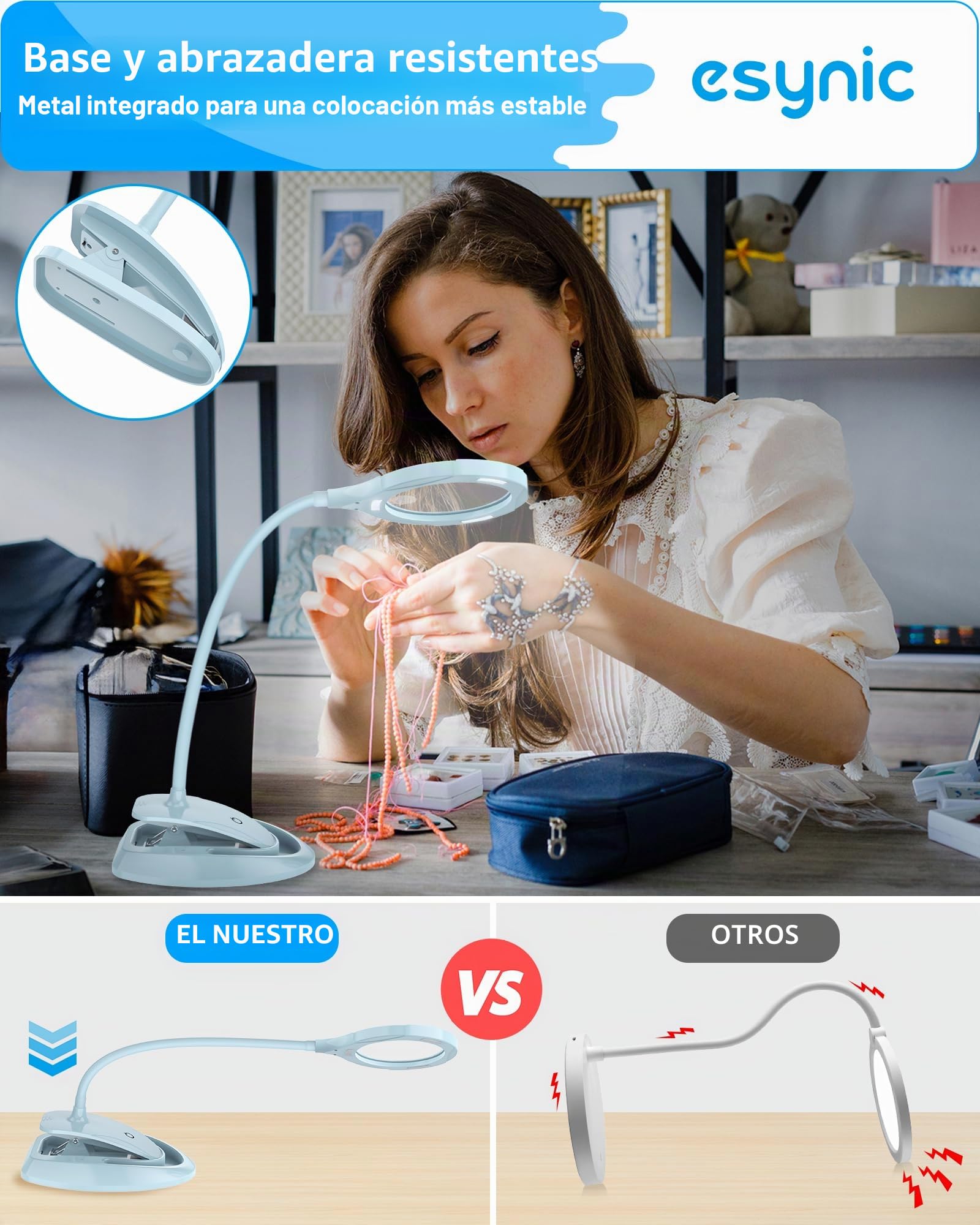 eSynic Lámpara de Aumento de 5X 10X LED Recargable Lupa Lámpara con Abrazada de Metal Lente de Lupa de Vidrio Óptico Iluminado y 3 Configuraciones de Luz Ajustable para Leer, Hobbies, Manualidades