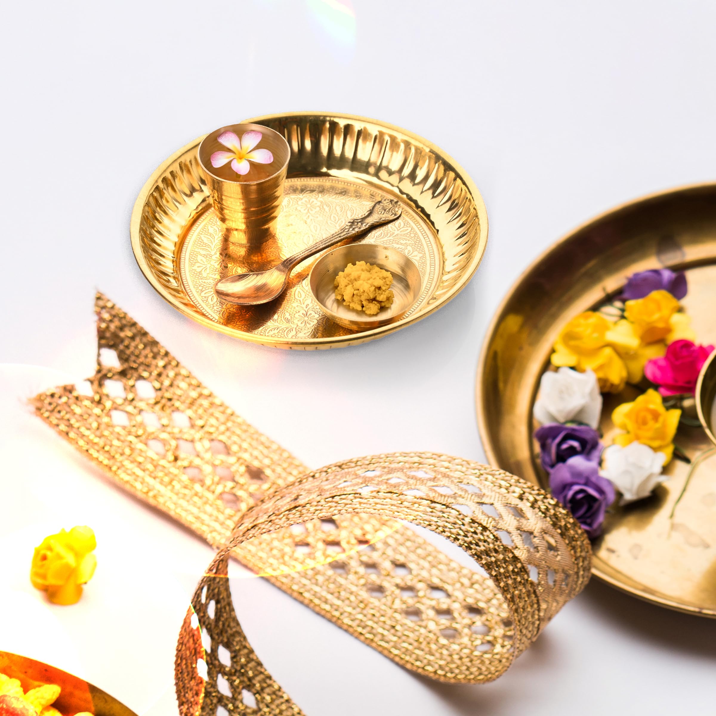Tarini Gallery Brass Bhog Thali Pooja Accessory Article for Janamasthmi Navratri Pooja Essential Pooja Item for Home Temple Offering Bhog Prasad and Gifting (Bhog Thali Set-4 Pcs) - Image 2
