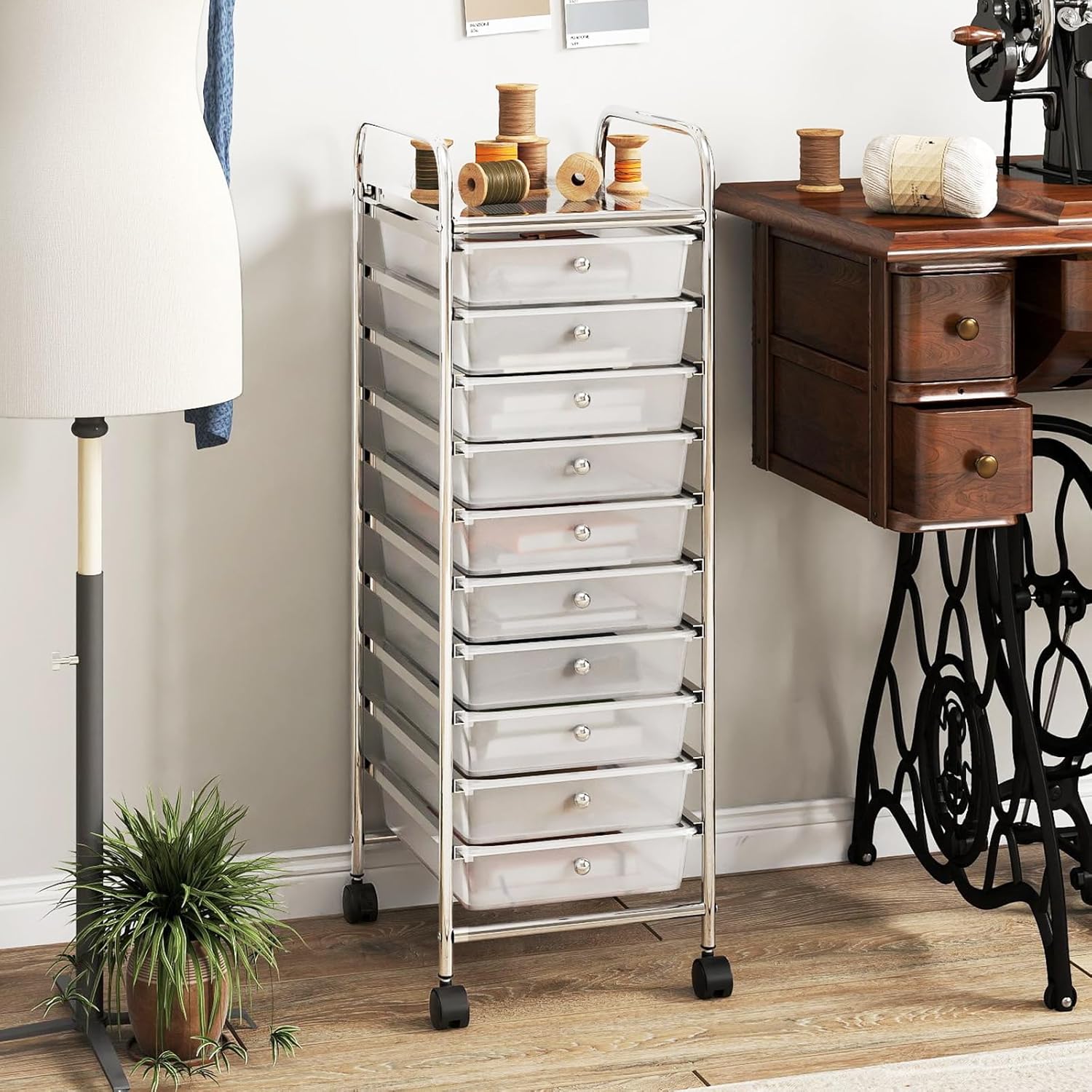 RELAX4LIFE 10-Drawer Rolling Storage Cart, Utility Cart with Metal Frame, Lockable Wheels & Removable Drawers, Multipurpose Art Craft Organizer for Home Office Classroom (Clear) - Image 2