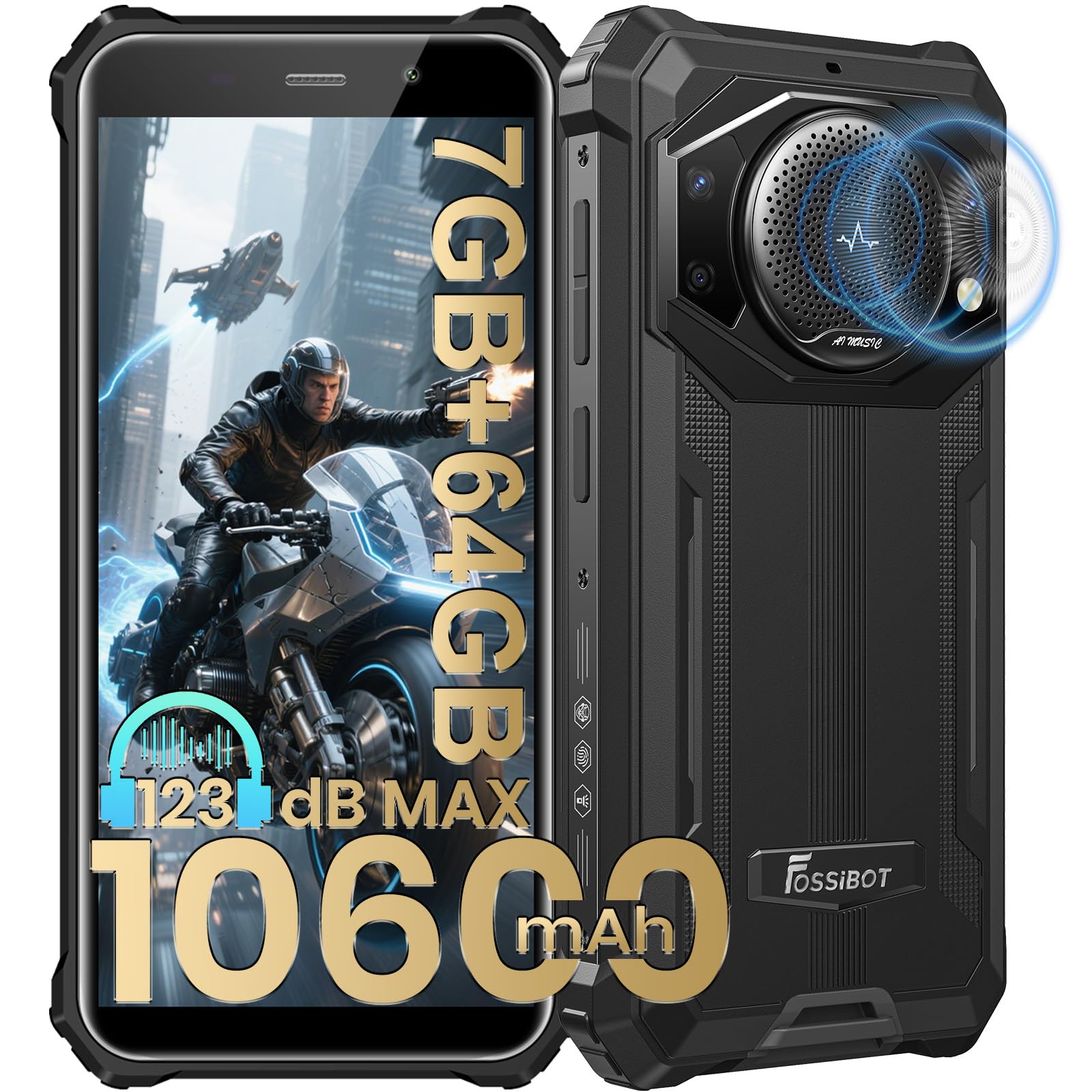 FOSSiBOT F101P Telephone Portable Incassable 10600mAh 18W 24MP Caméra, Smartphone Incassable 7Go + 64Go/1To, Android 13 4G Double SIM, 123 DB Haut-parleur/Octa-core/IP68/IP69K/OTG/Chantier (Noir)