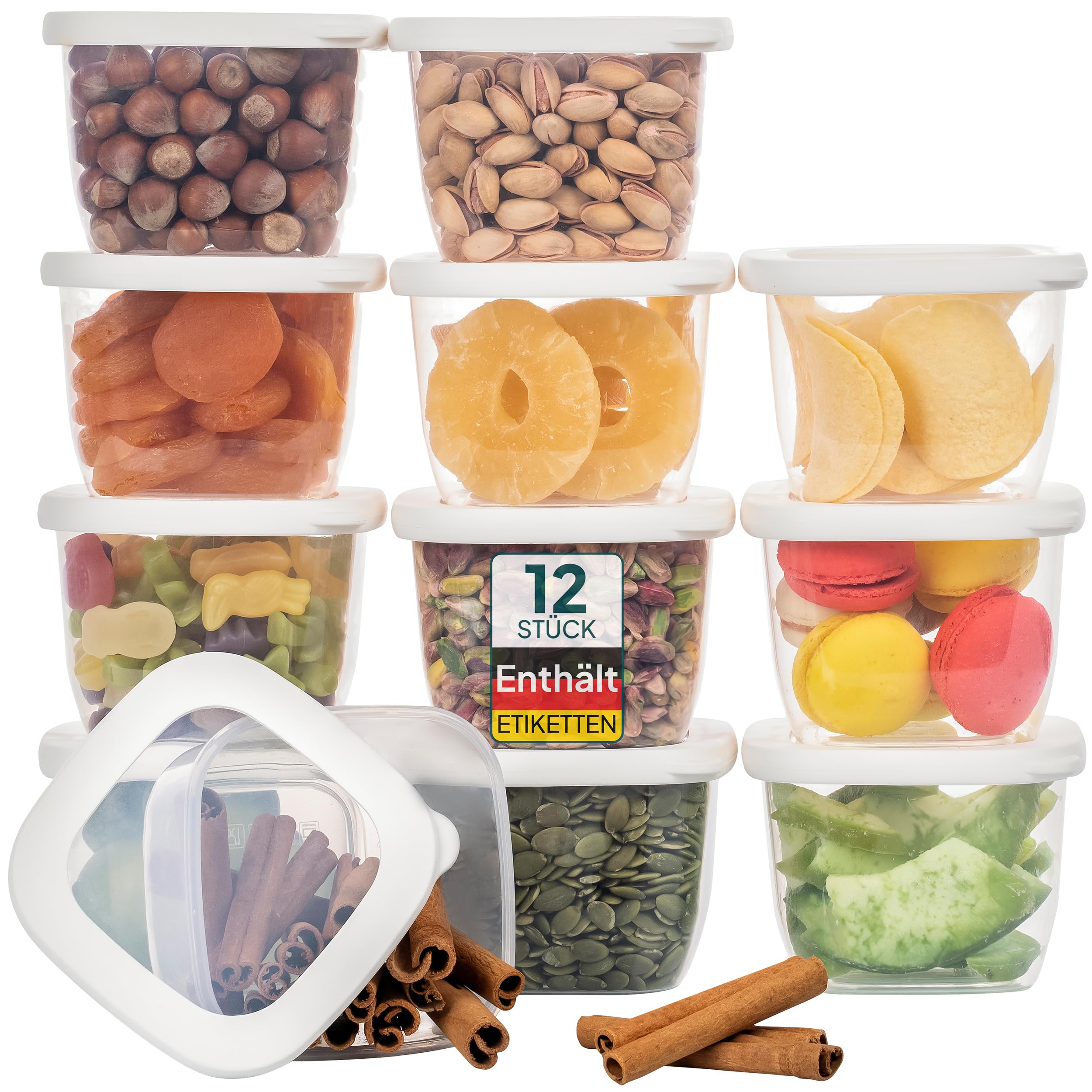uandu Vorratsdosen mit Deckel luftdicht Klein – 12er Vorratsbehälter Set BPA Frei, Aufbewahrungsdosen Küche für Müsli, Mehl & Zucker, Mit Etiketten