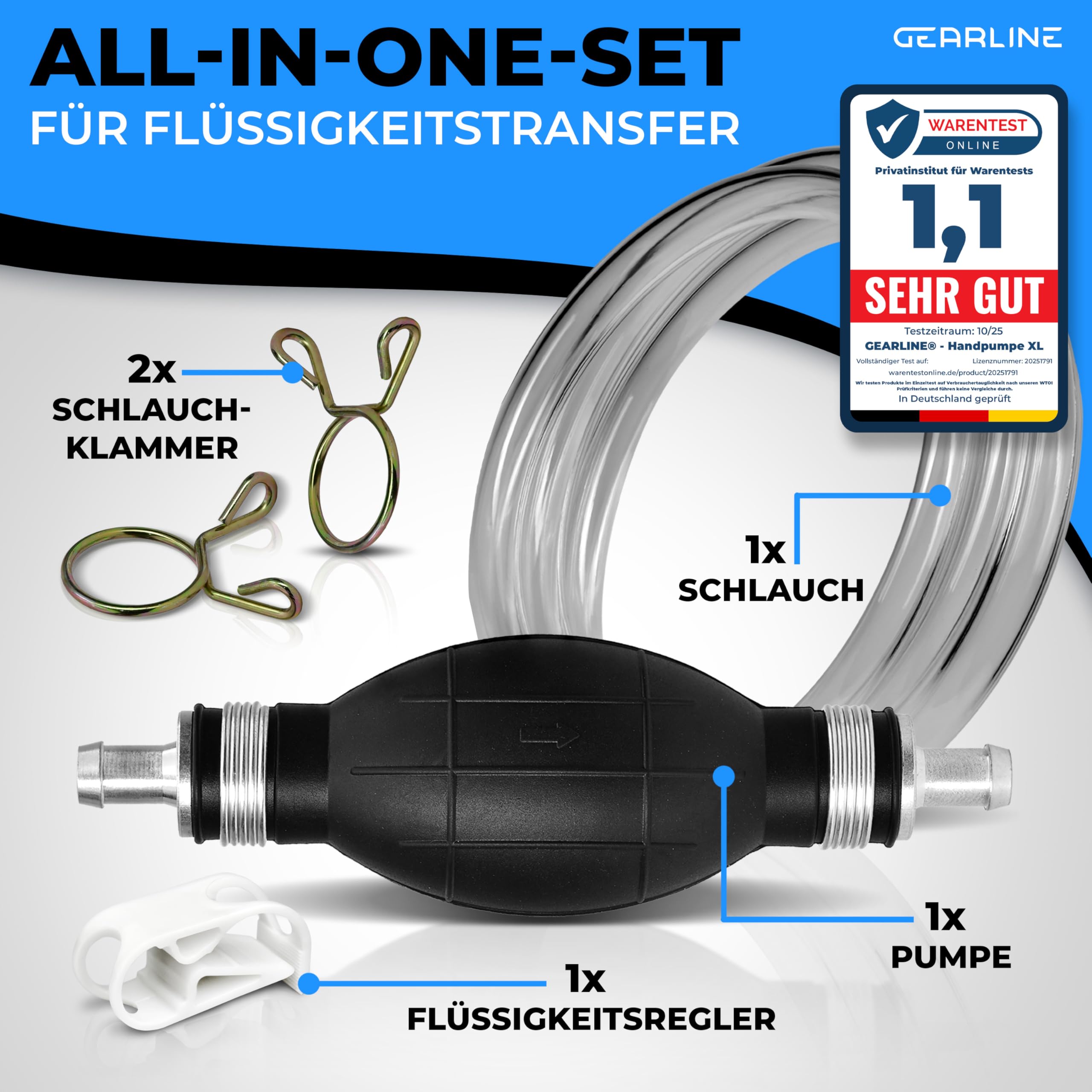 Handpumpe [2Meter] - XL Umfüllpumpe Inkl. Flüssigkeitsregler zum Umfüllen von Wasser, Benzin, Diesel und Öl - Schlauchpumpe Kraftstoffresistent mit Vakuumfunktion