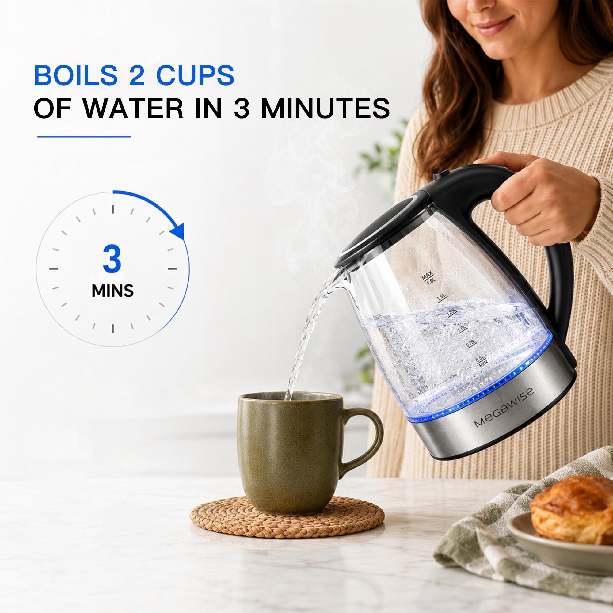 MegaWise Hervidor de agua eléctrico de vidrio borosilicato de 1,8 l con luz LED, apagado automático y protección contra ebullición en seco, hervidor de agua inalámbrico, hervidor de agua de cocción