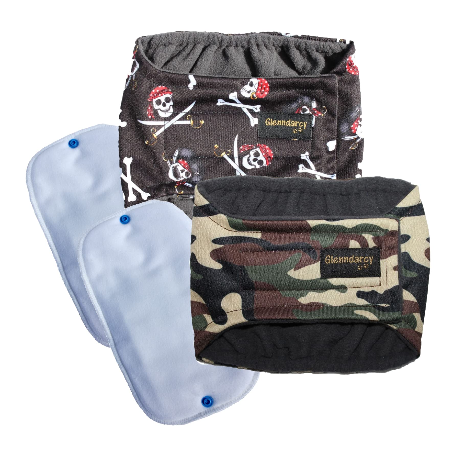Glenndarcy Male Dog Belly Band - Urine Incontinence (2 Pack - Size XXL, Pirates & Camouflage)