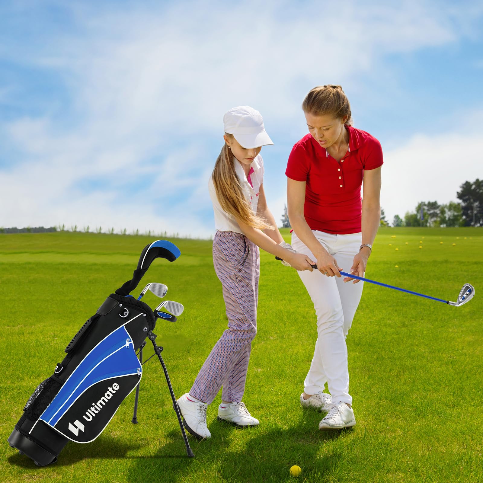 COSTWAY Set de Palos de Golf para Niños 8-13 Años, Incluye Madera 3, Hierros 7 y 9, Putter, Bolsa