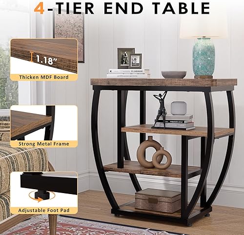 Miniatura 6 de Mesa auxiliar de 4 niveles con almacenamiento, mesa auxiliar estrecha para sala de estar, mesa de sofá de madera con marco de metal, mesita de noche