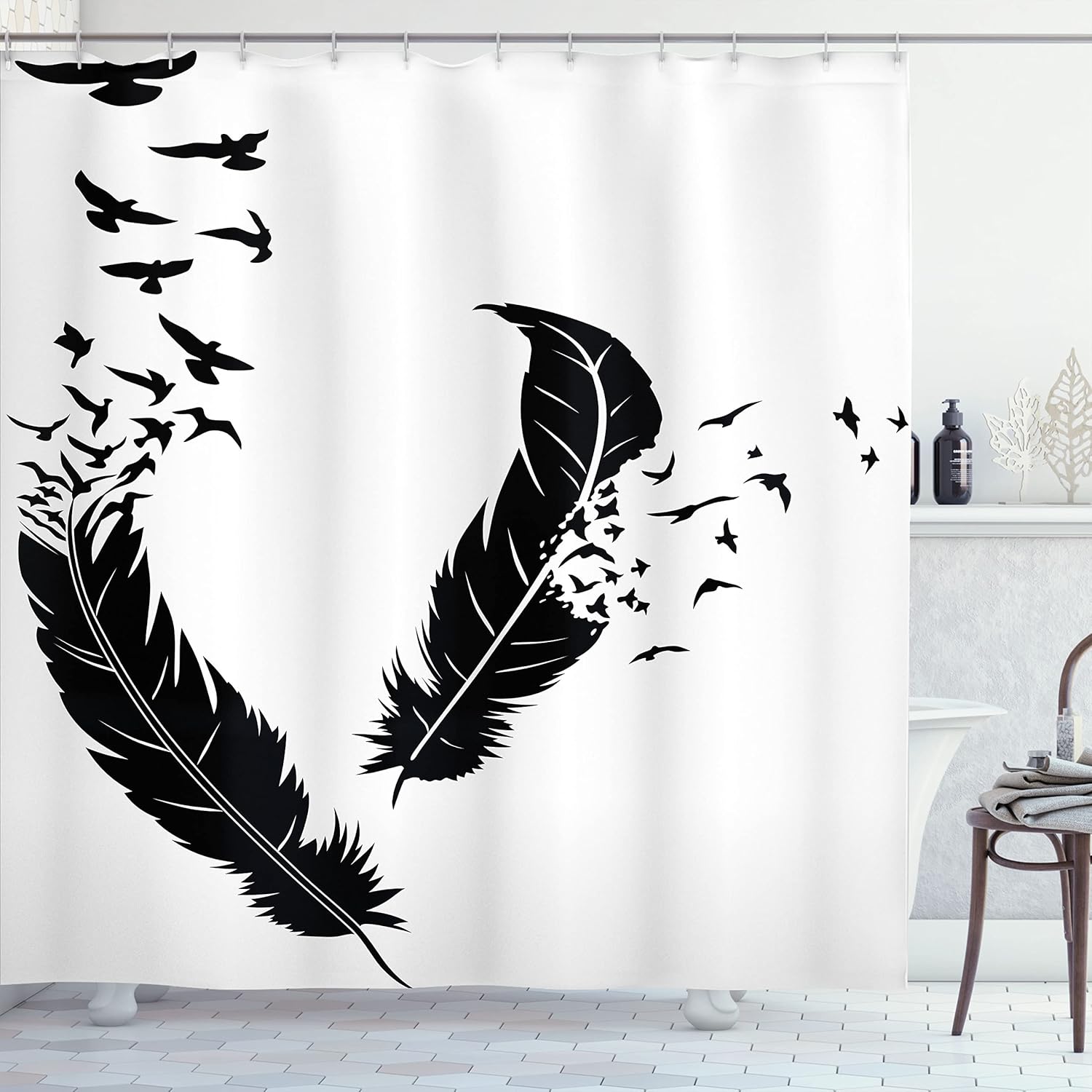 Ambesonne Animal Shower Curtain, Illustration of Bird Feathers Monochrome Vintage Feels Freedom Themed on Plain Back, Cloth Fabric Bathroom Decor Set with Hooks, 69" W x 75" L, White Charcoal