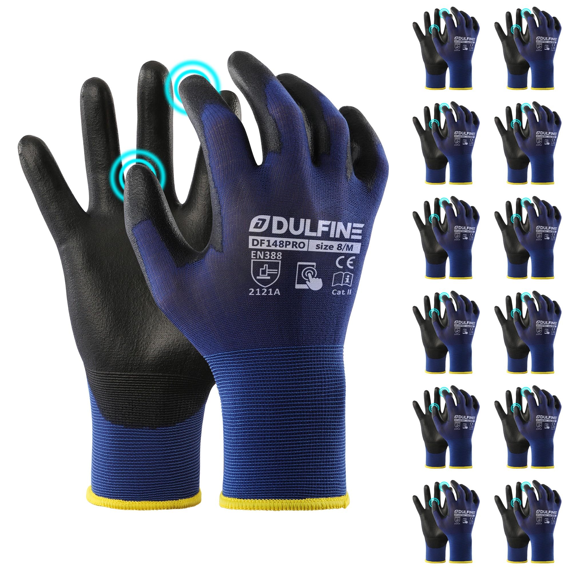 DULFINE Light Duty Work Gloves Men and Women, Ultra Thin Knit Foam PU Coated, 12 Pairs, Ideal for Gardening, Warehouse