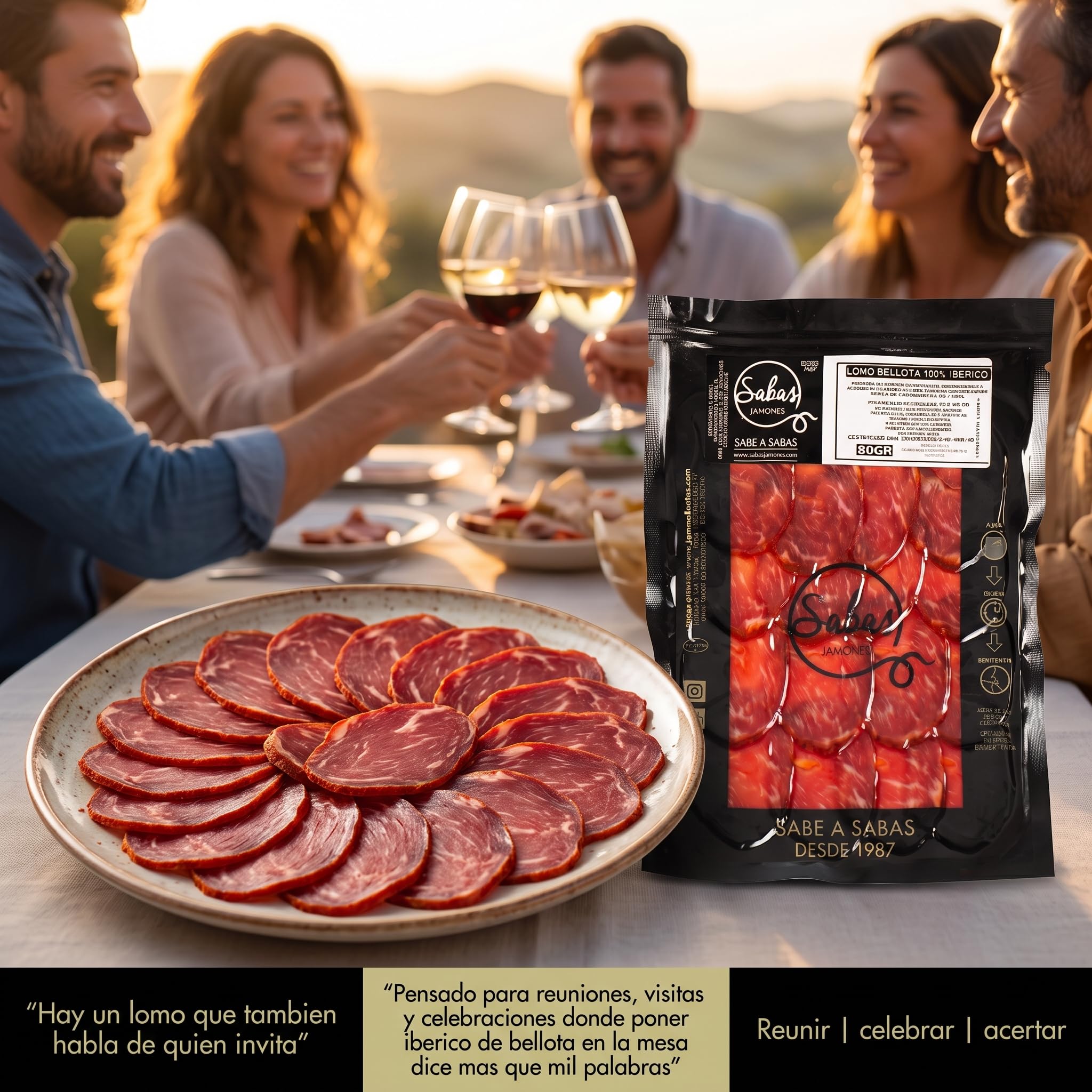 SABE A SABAS Lomo Bellota 100% Iberico Cortado a Mano Caña de Lomo de Jabugo Loncheado 6 Sobres de 80g lomo Iberico 100% curacion natural Tabla Aperitivo Picoteo Regalo Gourmet lo mejor de la Dehesa