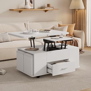 Mesa de centro regulable en altura, mesa de sofá móvil, mesa de centro multifunción 4 en 1, convertible en mesa de salón comedor, mesa de centro con cajones, con 4 taburetes, color blanco