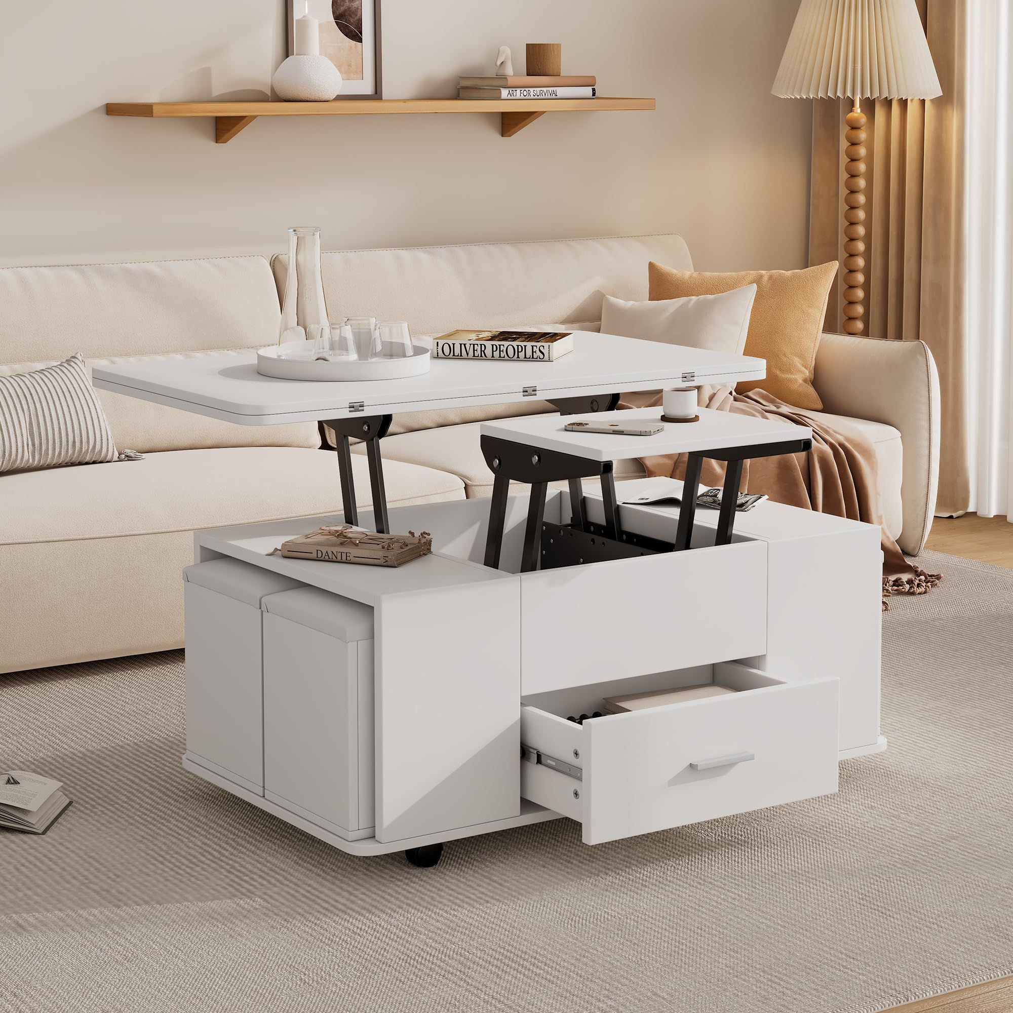 Mesa de centro regulable en altura, mesa de sofá móvil, mesa de centro multifunción 4 en 1, convertible en sala de estar, comedor, mesa de centro con cajones, con 4 taburetes, color blanco