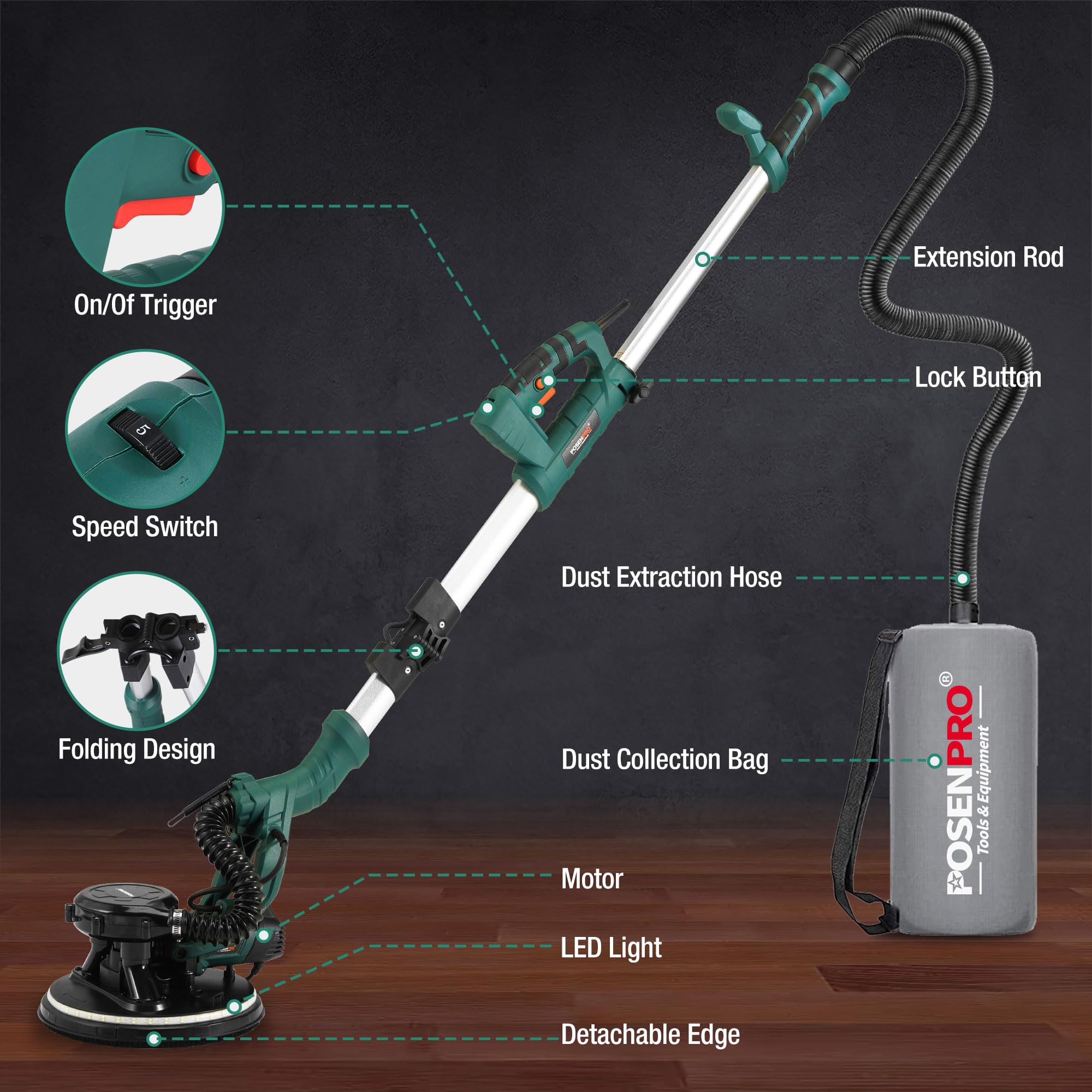 POSENPRO Trockenbauschleifer, Wand & Deckenschleifer, 810W Wandschleifer mit LED und Teleskopstiel, 215mm Schleifsch, Faltbarem Griff, neigbarer Kopf, inkl. 18x Klett-Schleifscheiben