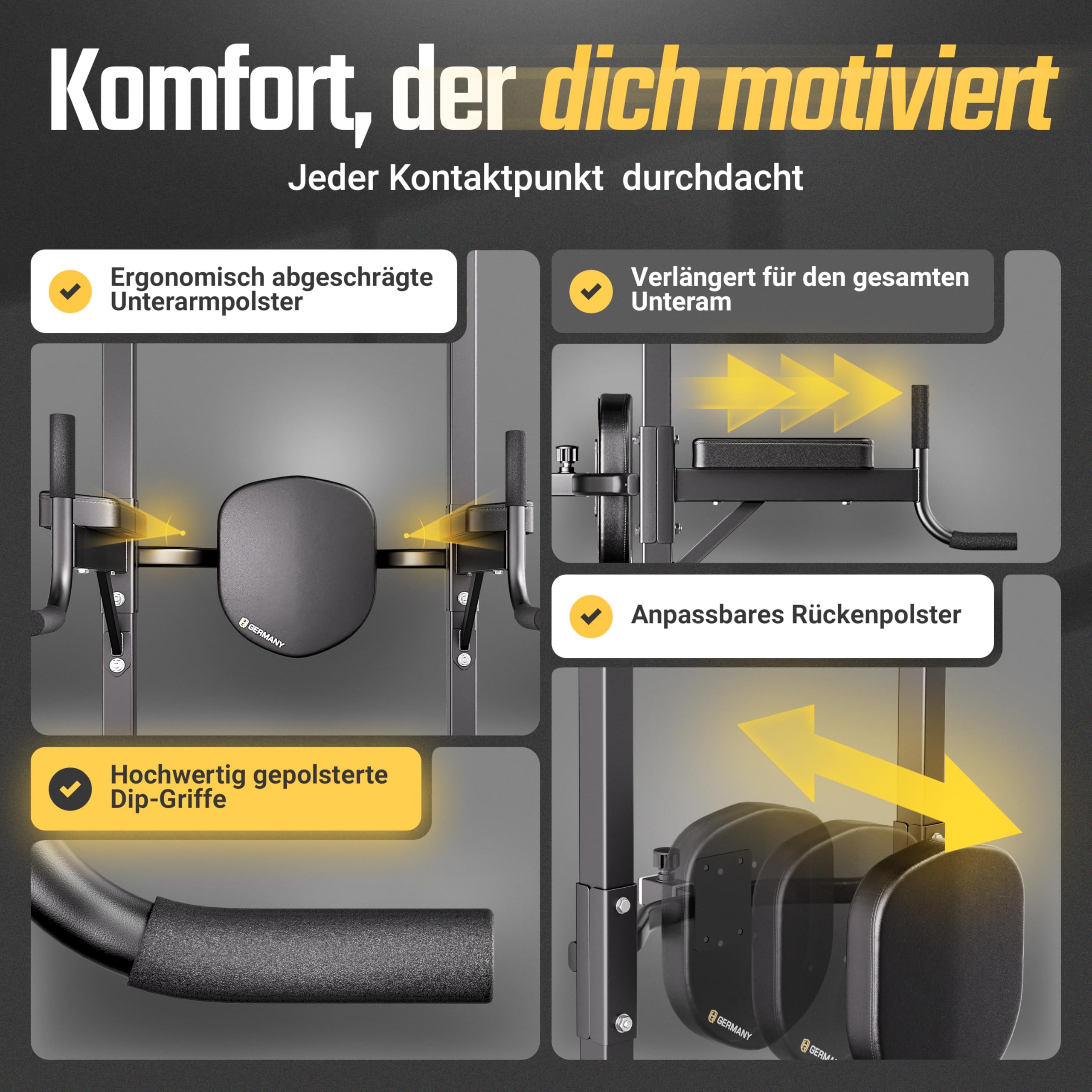 HQ Germany® Power Tower [2026 Upgrade] - Klimmzugstange freistehend mit Klimmzug Dip Station, Klimmzugturm, Klimmzugstation, Pull Up Station, Calisthenics Equipment, Fitnessgeräte für Zuhause