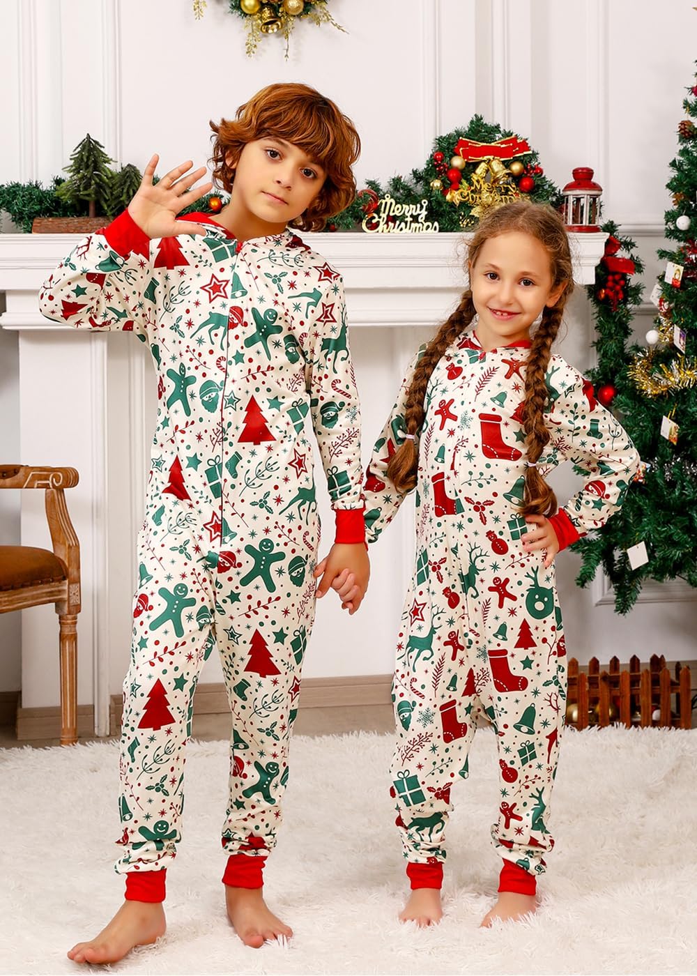 VNVNE Matching Christmas Onesie Pajamas Set for Family/Couples/Women/Men, One Piece Xmas Pjs Hooded Zipper Printed Sleepwear - Image 3
