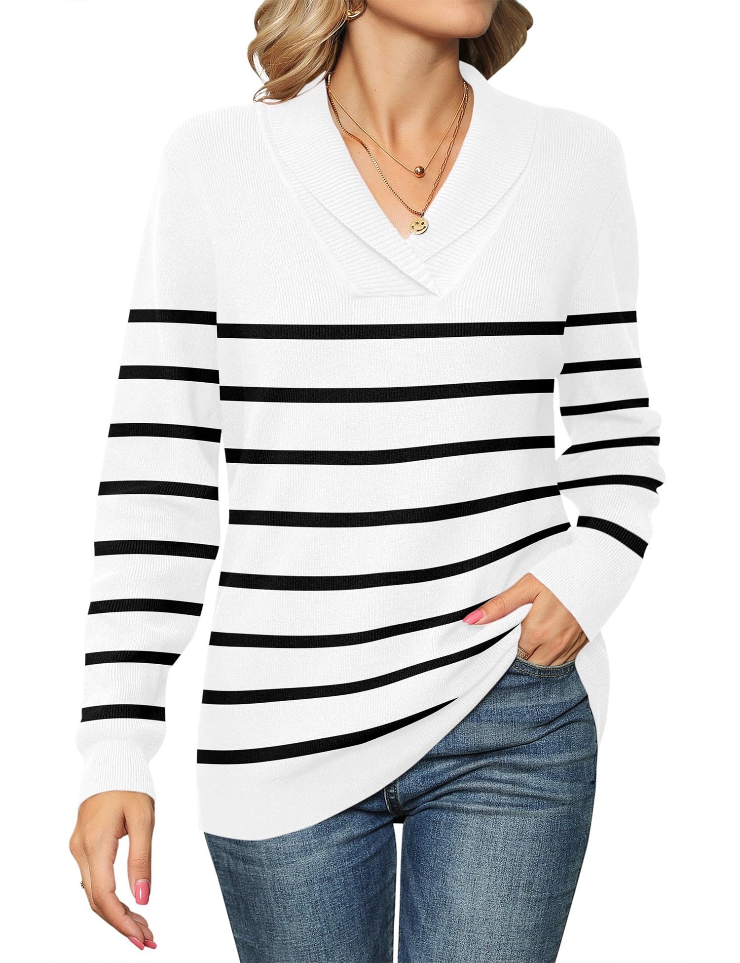 Ivicoer Women Long Sleeve V Neck Pullover Collar Knitted Sweaters