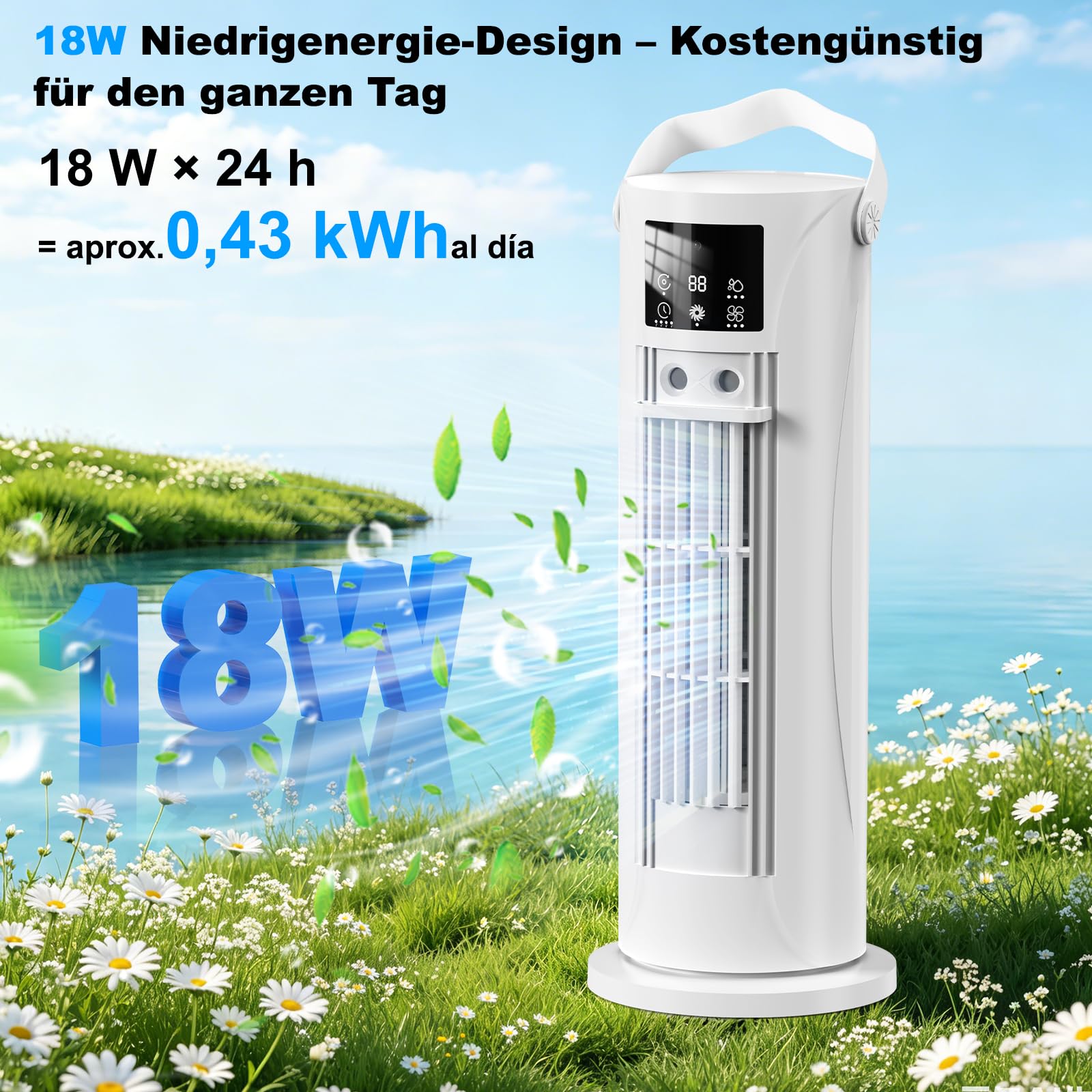 Mobile Klimaanlage Mini mit Kühl- und Befeuchtungsfunktion, Wassernebel-Technologie, 4 Timer-Stufen, 120° schwenkbarer Luftauslass, Weiß