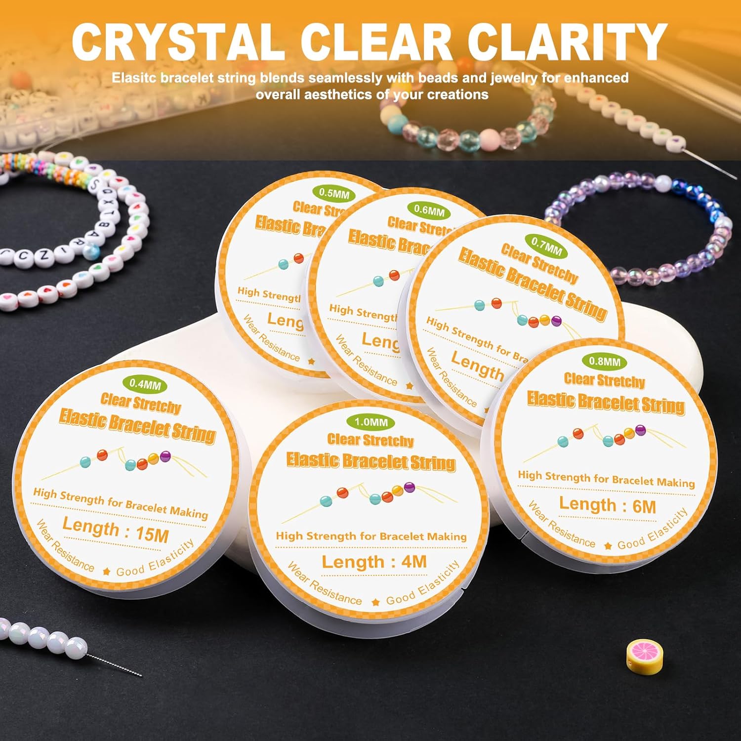 Bupete 6 Rolls Elastic String for Bracelets, 0.4mm, 0.5mm, 0.6mm, 0.7mm, 0.8mm, 1mm Stretchy Bracelet String, Friendship Bracelet String with Scissors, Beading Needles for Bracelets - Image 5