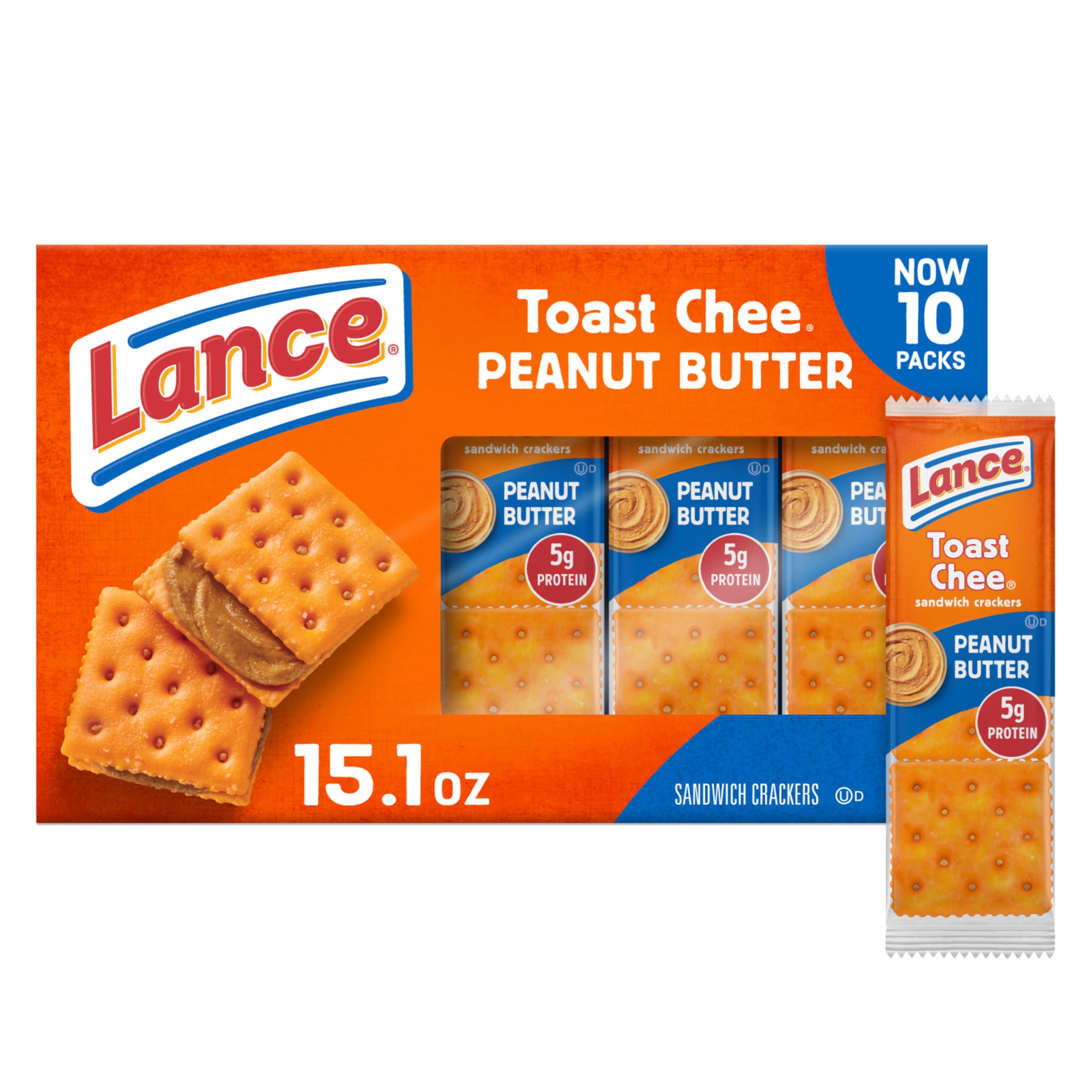Lance Sandwich Crackers, ToastChee Peanut Butter, 10 Individual Packs, 6 Sandwiches Each ToastChee Peanut Butter 1.51 Ounce (Pack of 10)