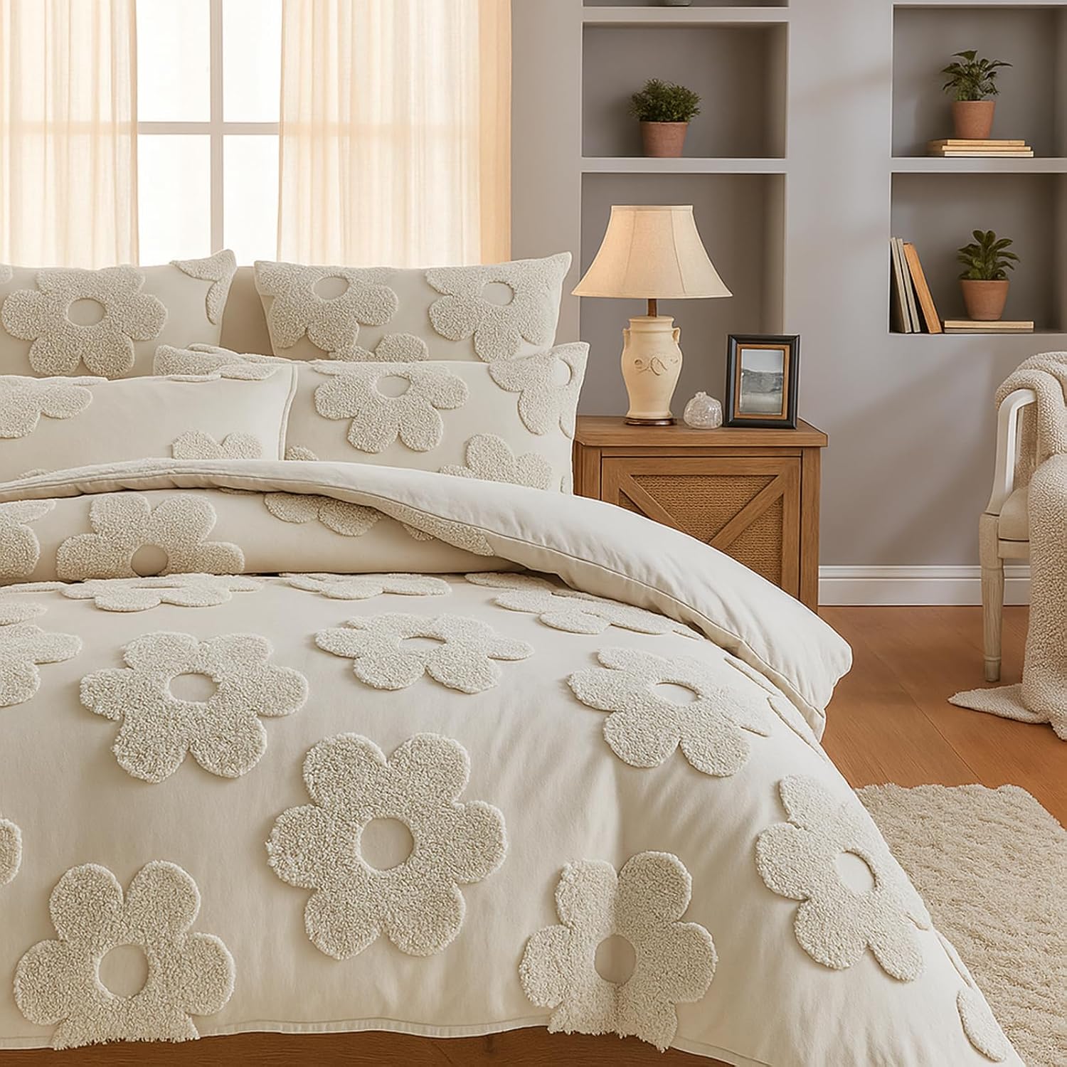 Frienda Spring Floral Queen Comforter Cover Set for Girls Women 3 Pcs Tufted Khaki Floral Bedding Set Embroidery Boho Warm Tufted Bedding Include 1 Comforter Cover 2 Pillow Case for Home Gift