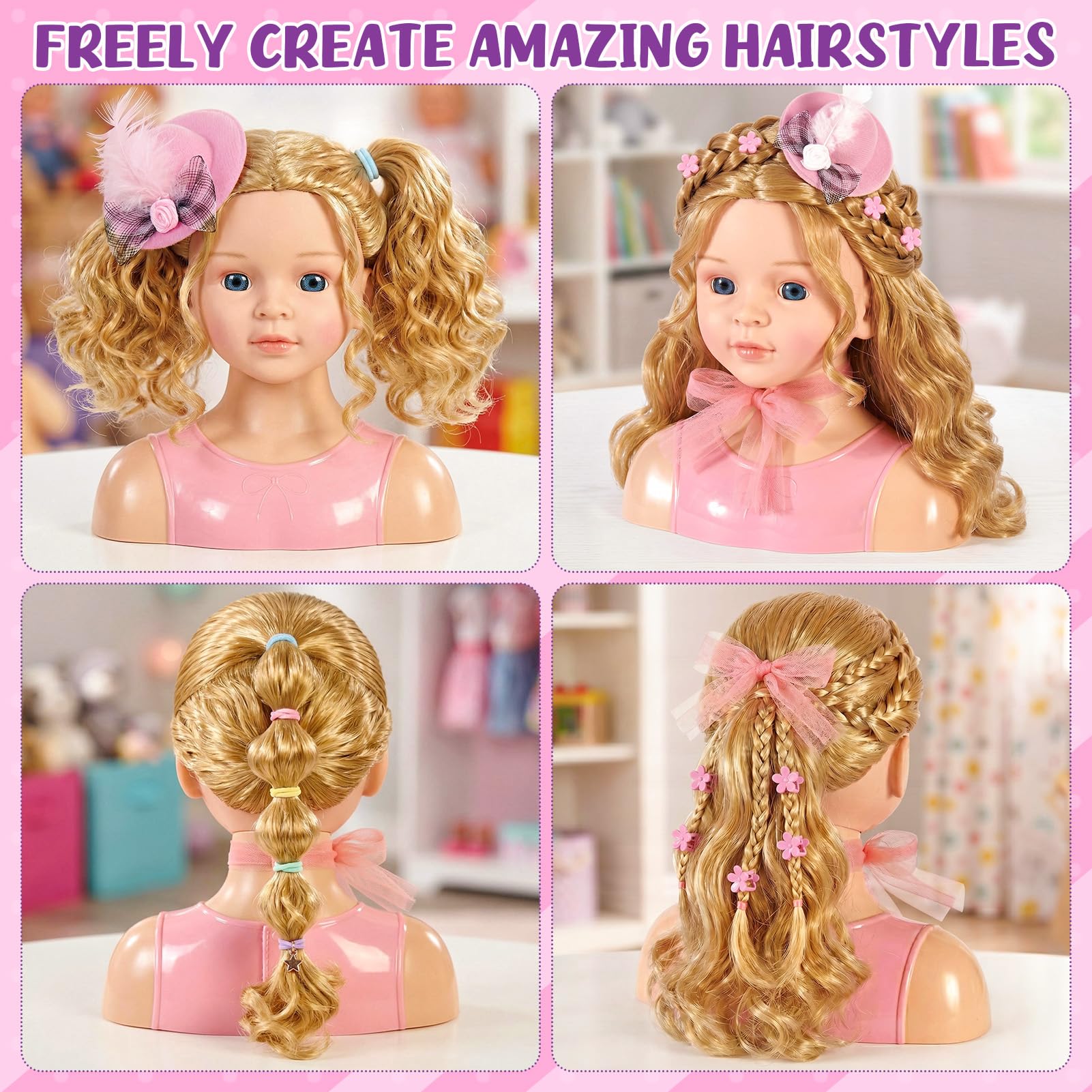 Frisierkopf Kinder Schminkkopf Mädchen Spielzeug, Stylingkopf Set mit Haartrockner, Lockenstab, Schminke, Hut, Haarstyling Zubehör, Rollenspiel Geschenk Puppenkopf zum Schminken Frisieren ab 3 Jahre