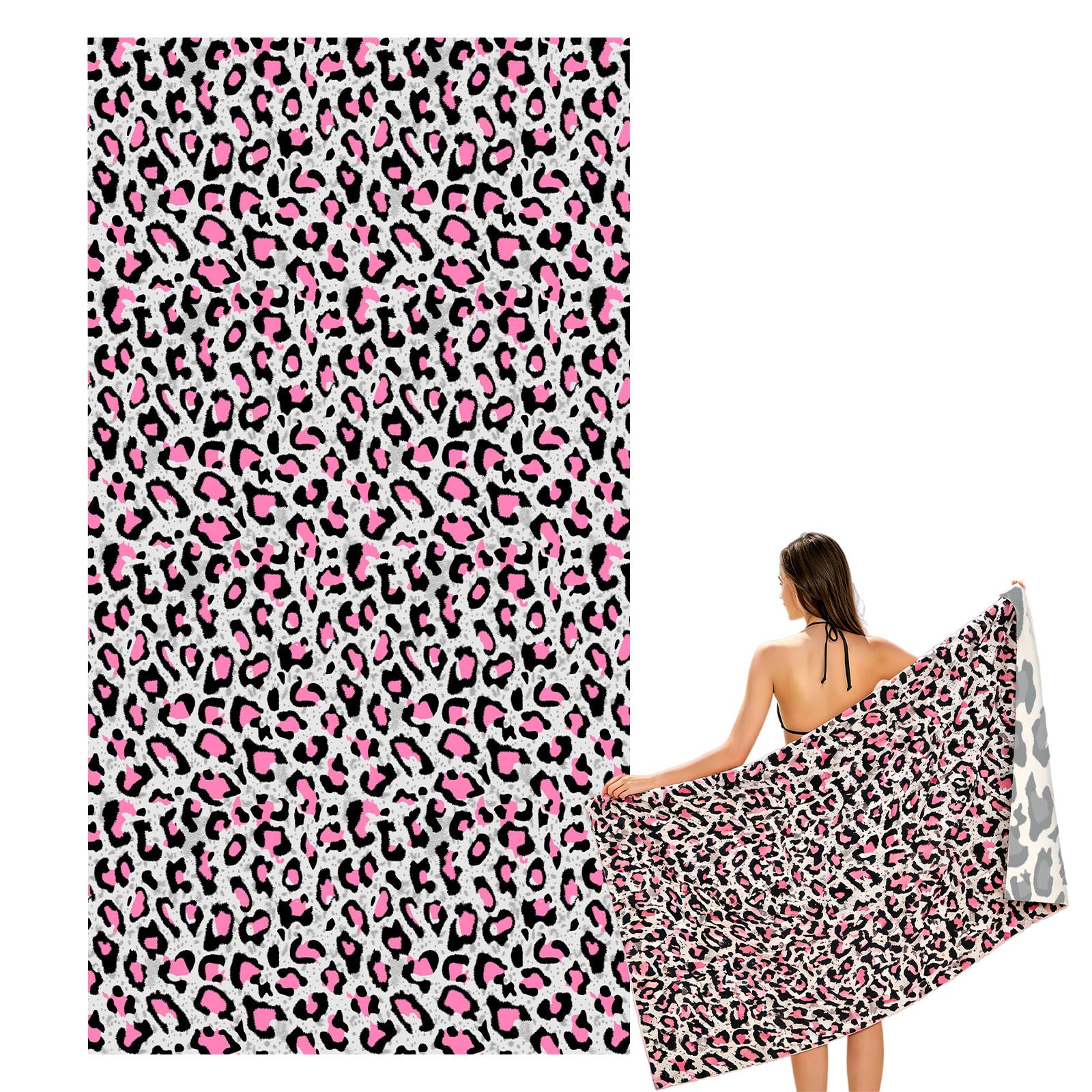 Large Quick Dry Microfibre Beach Bath Towel for Adult,Double Sides Pink Spots Leopard Sand Free Beach Towel with Bag,Lightweight Gym Yoga Sports Towel,Compact Travel Summer Beach Towel for Women Men — image 1