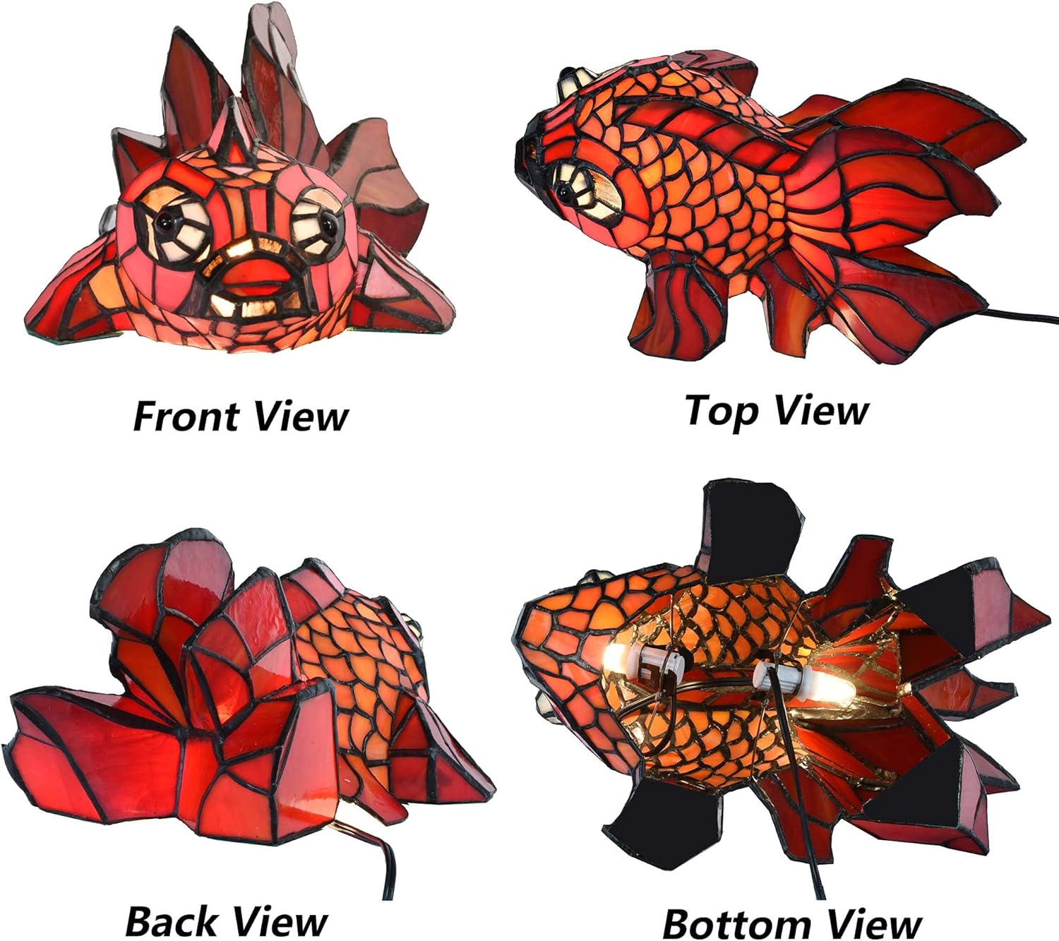 Bieye L10827 Red Telescope Fantail Goldfish Tiffany Style Stained Glass Table Lamp for Home Décor