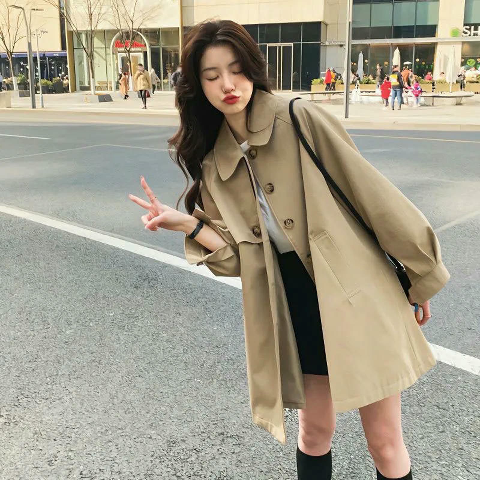 Abbigliamento Donna Trench Women Khaki Casualmente Capo Sciolte Corea Elegante Giacca da Donna Autunnale A metà Lunghezza-Verde-m