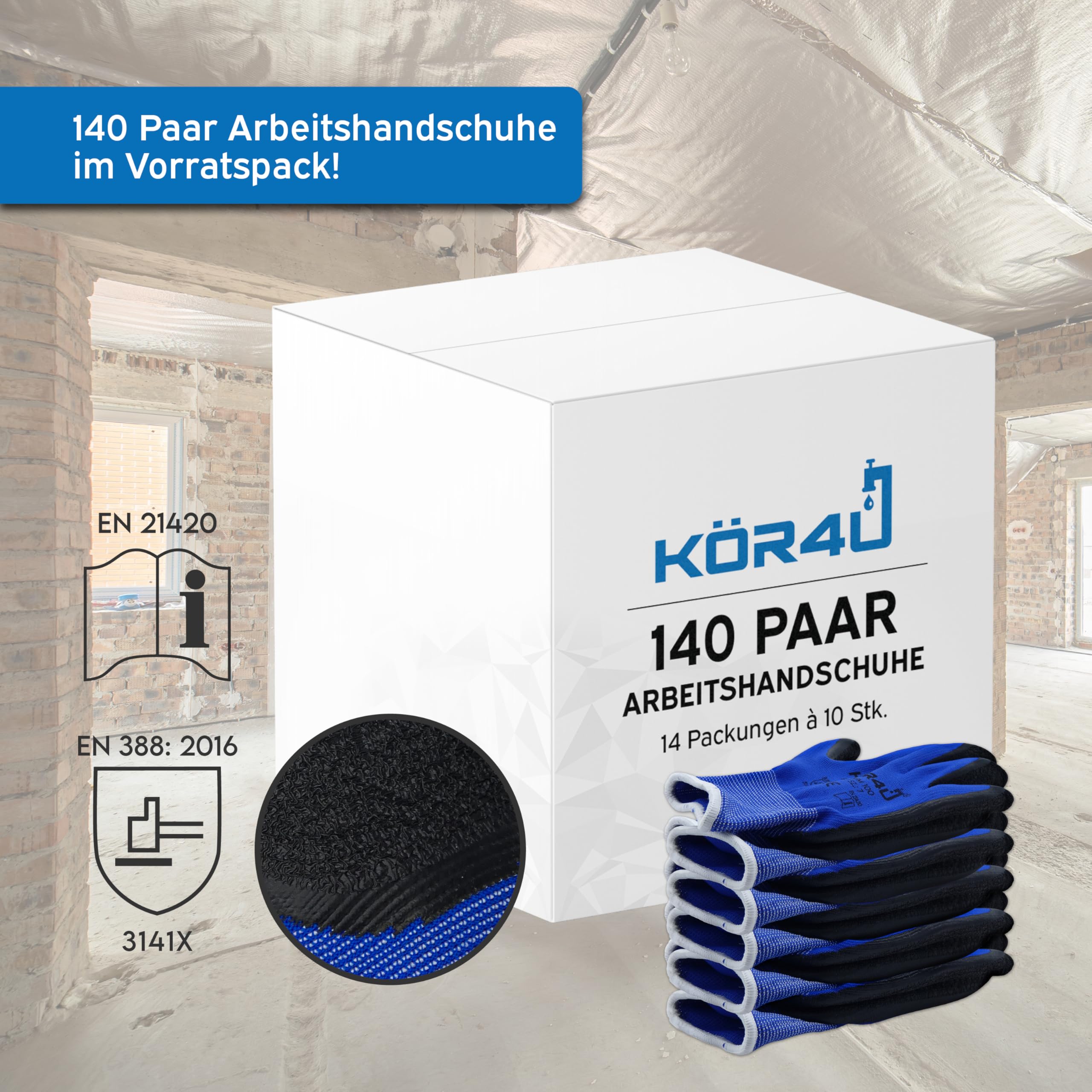 kör4u 140 Paar Arbeitshandschuhe Latex-beschichtet atmungsaktiv, guter Grip
