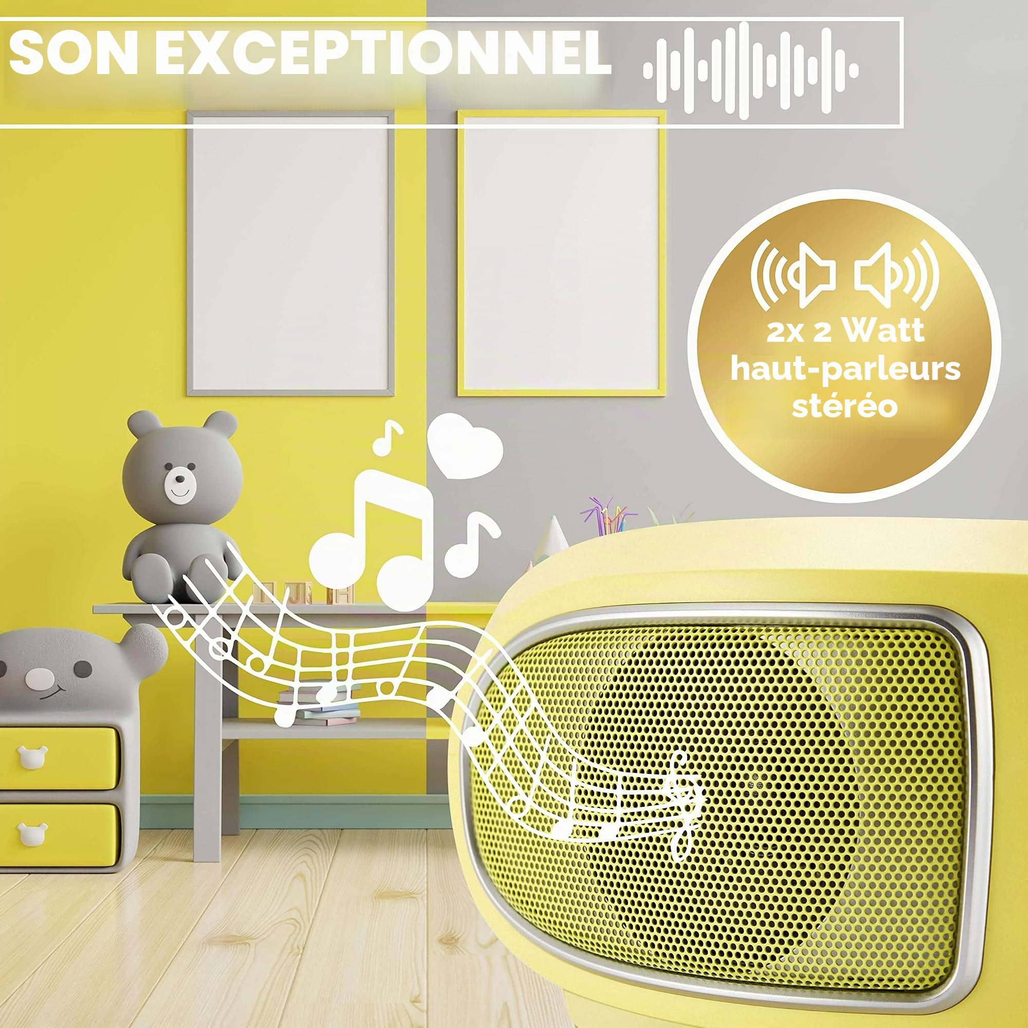 Boombox Portable | Radio FM | Entrée AUX | USB | Prise Casque | Système Compact | Lecteur CD | Chaîne Stéréo | Boombox Jaune Glamour