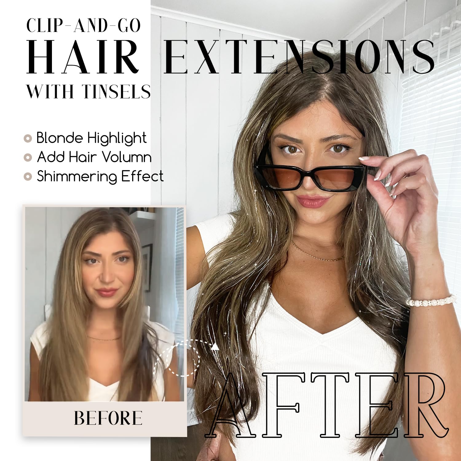 Dreamlover Brown Hair Extensions for Girls Kids Hair Extensions Clip in with Tinsel, Hairpieces for Women 24 Pieces - Image 4
