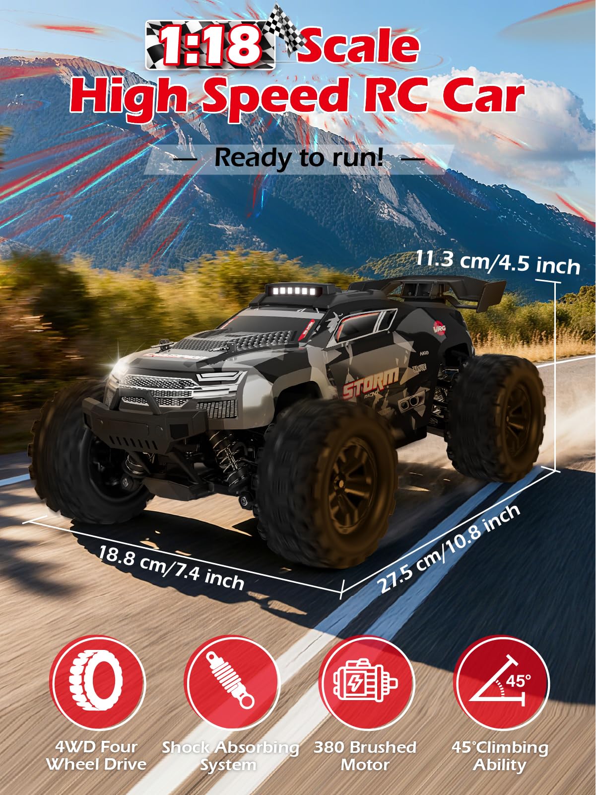 Kiztoys Voiture Télécommandée 1:18 4WD 40 km/h RC Tout Terrain | 2,4 GHz, Avec Lumières, Grande Autonomie, Réaction Rapide, Buggy Radiocommandée, Jouet Cadeau pour Enfant Adulte, 8+