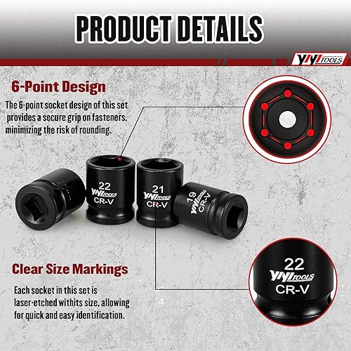 Miniatura 3 de Juego de llaves de vaso de impacto poco profundas de 12 pulgada (0.315-0.945 in), juego de llaves métricas, 6 puntos, acero CR-V para mantenimiento