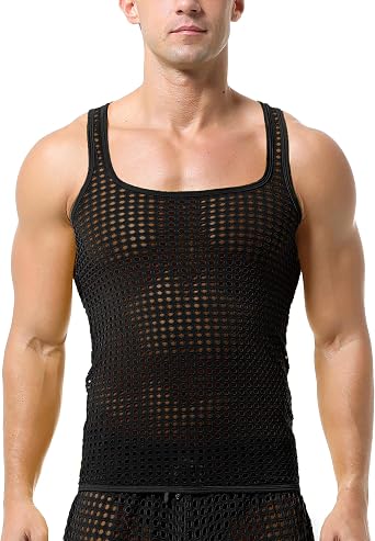 Mens Sleeveless Mesh Tank Tops Vest See Through Shirts Muscle Fitted Fishnet Hollow Out Vest Undershirt