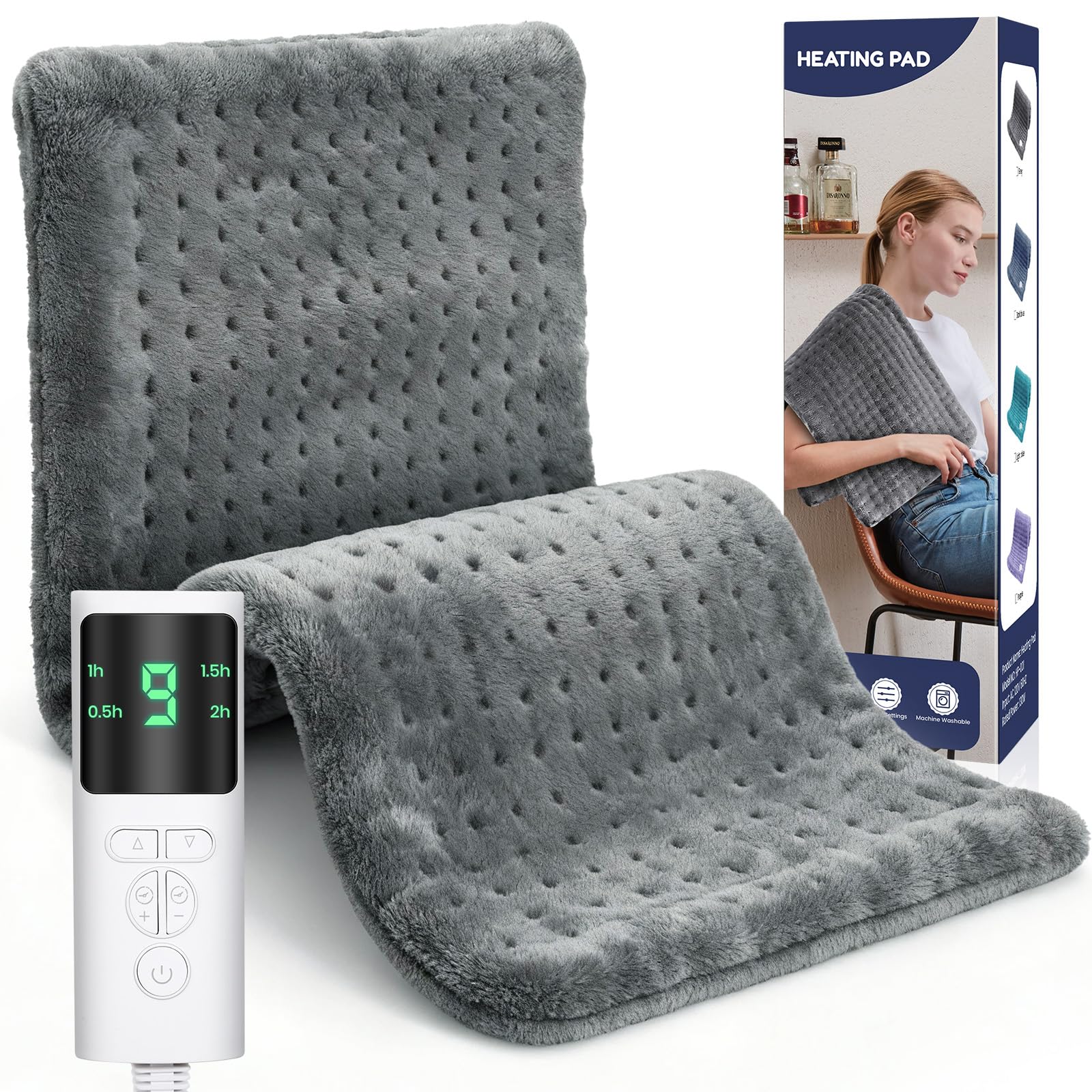 Heizkissen Größe XL, Elektrisches Wärmekissen für Rücken Nacken Schulter Bauch, 9 Heizstufen und 4 automatische Abschaltzeiten, Weicher Flanell, Maschinenwaschbar,2M-Kabel (Dunkelgrau, 43X 84 cm)