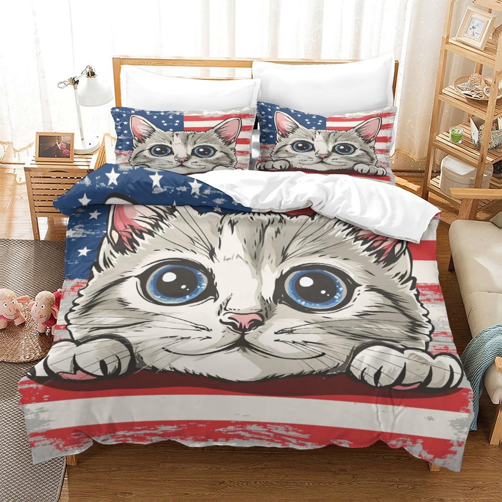 Parure de lit chat américain 3 pièces avec housse de couette en microfibre pour lit superposé