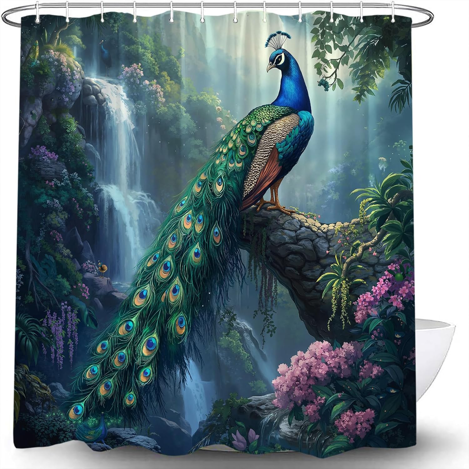 Peacock Waterfall Shower Curtain Tropical Floral Green Leaves Tree Forest Rainforest Waterfall Jungle Natural Scenery Beautiful Bird Fabric Bathroom Curtain Decor with Hook