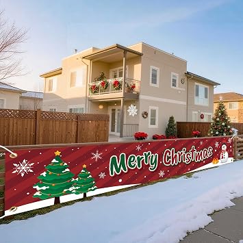 HOOSUN Christmas Decorations Outdoor Indoor,138 x 20 Inch Merry Christmas Banner for Outside,Large Xmas Tree Snowman Banners Yard Fence Decorations,Xmas Decor Banner for Fence,Proch,Wall,Party