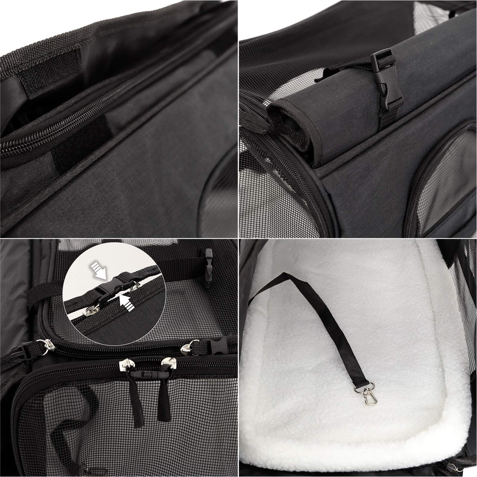 lionto Caisse de Transport Pliable pour Chien avec poignées et bandoulière, 48,5x27x31,5 cm, en Tissu Oxford Robuste et Maille, Caisse pour Chat avec Coussin Doux, idéale pour l’Avion, Noire
